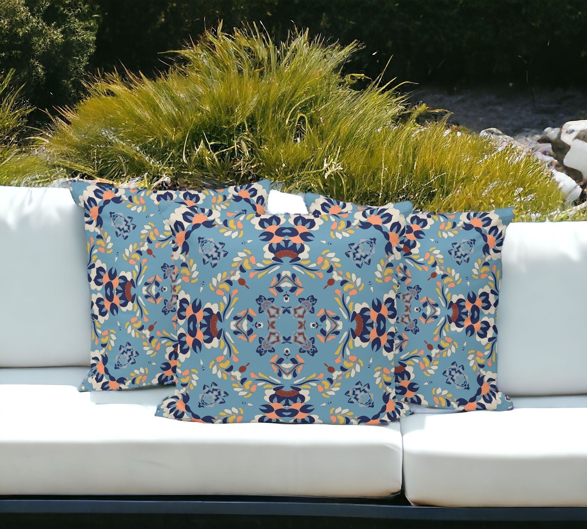 Set of Three 16" X 16" Blue and Gray Geometric Indoor Outdoor Throw Pillow