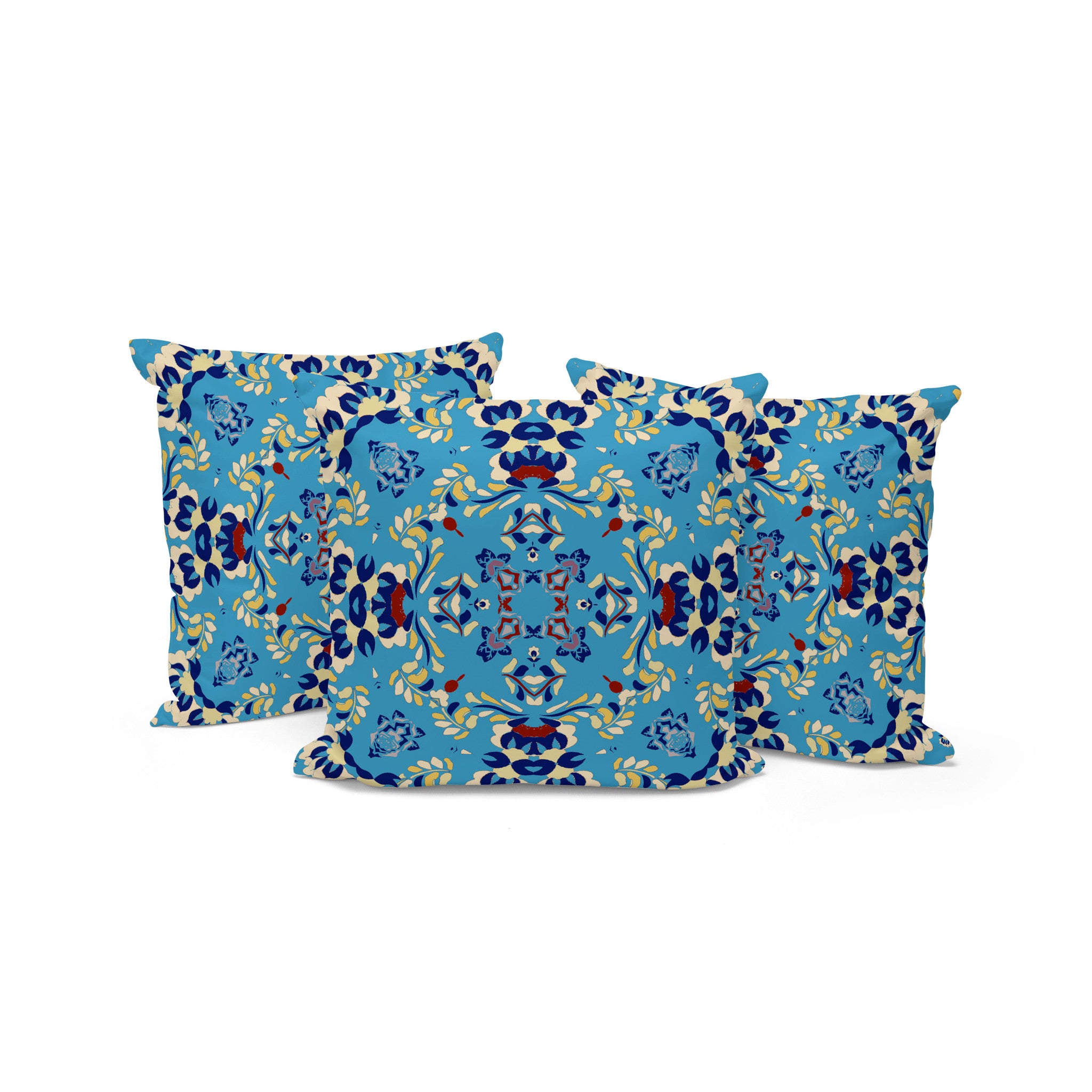 Set of Three 16" X 16" Blue and Yellow Geometric Indoor Outdoor Throw Pillow