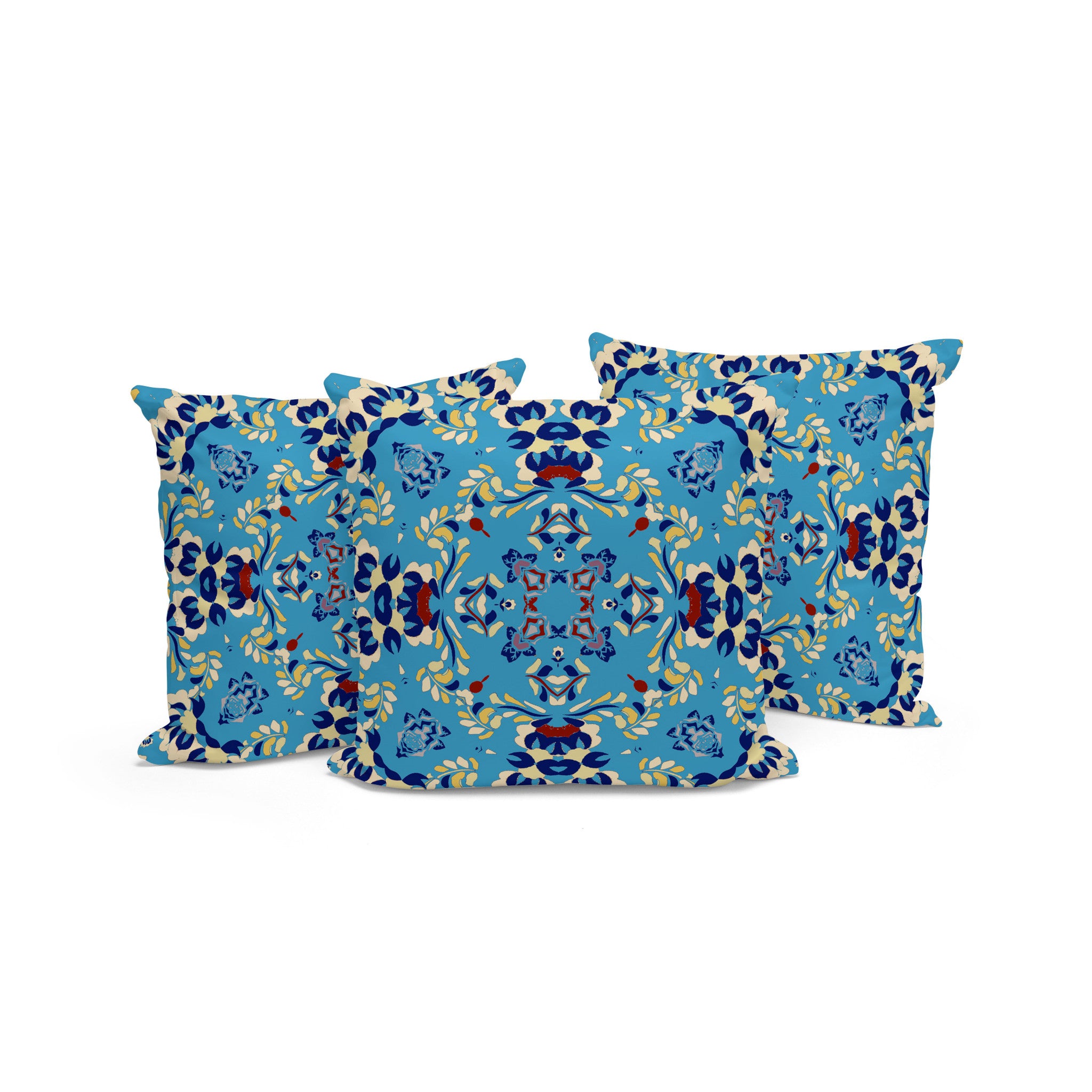 Set of Three 16" X 16" Blue and Yellow Geometric Indoor Outdoor Throw Pillow