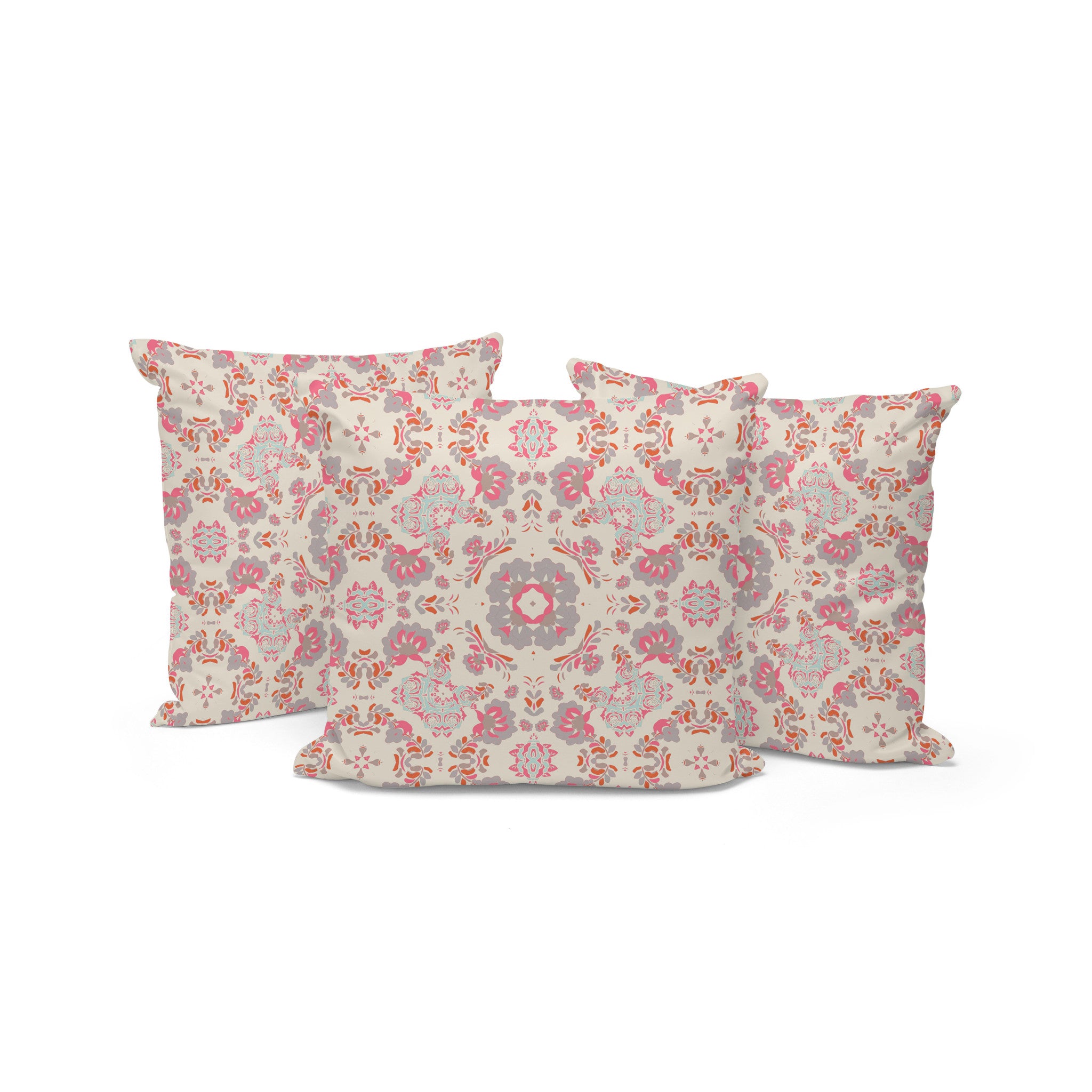 Set of Three 16" X 16" Pink and White Botanical Indoor Outdoor Throw Pillow