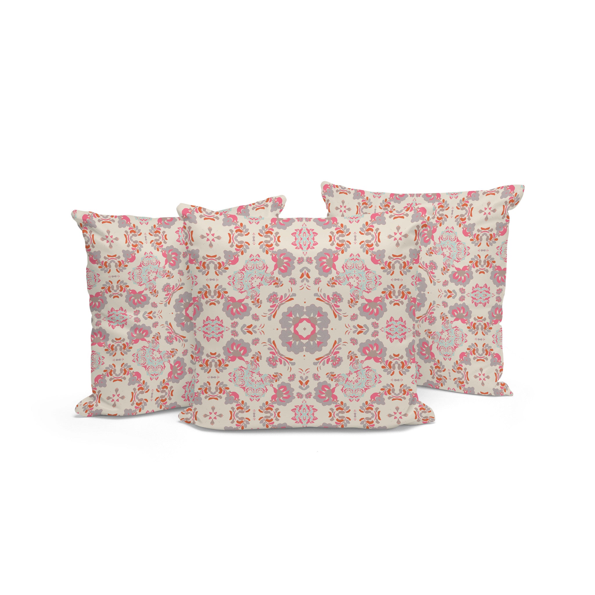 Set of Three 16" X 16" Pink and White Botanical Indoor Outdoor Throw Pillow