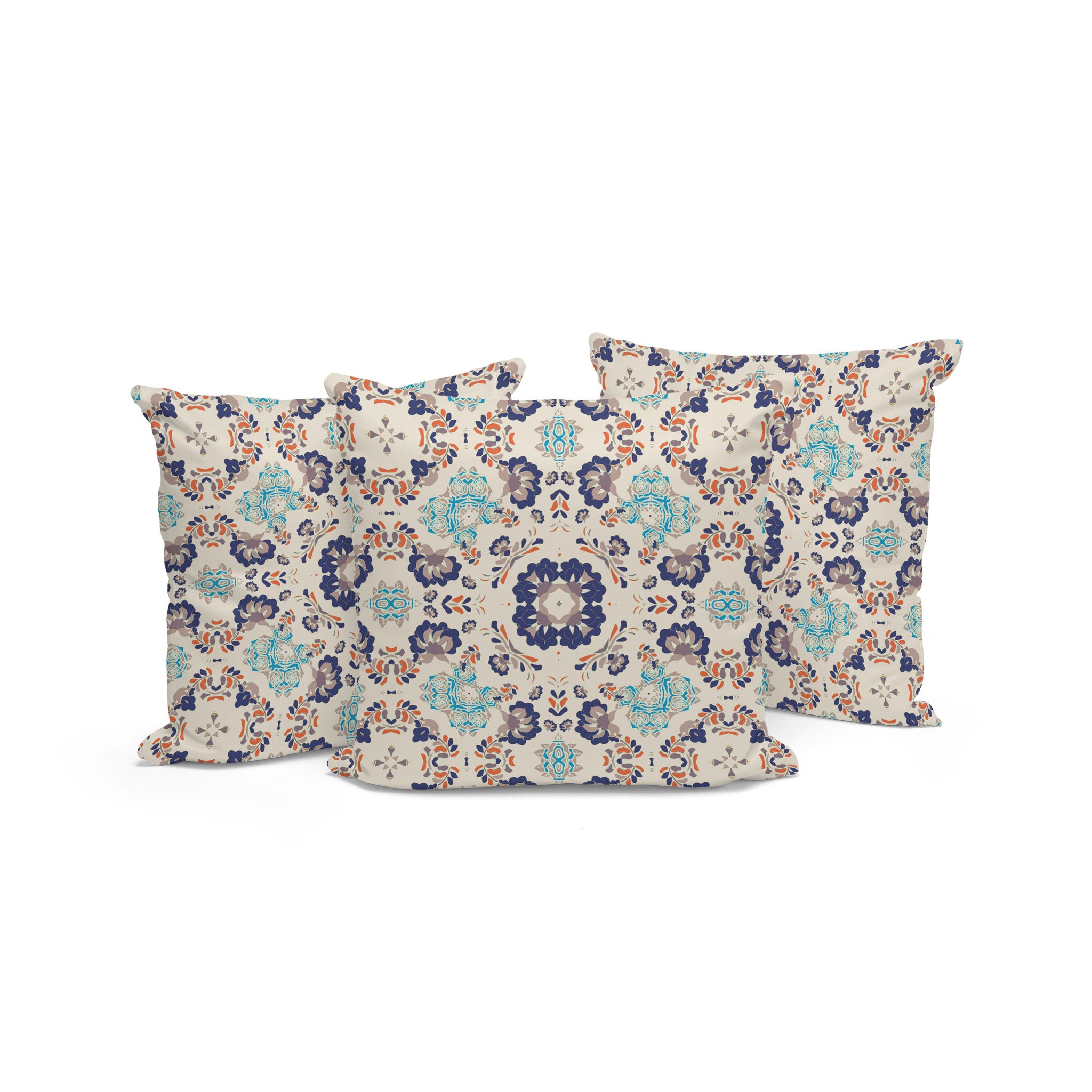 Set of Three 16" X 16" Blue and Off White Botanical Indoor Outdoor Throw Pillow