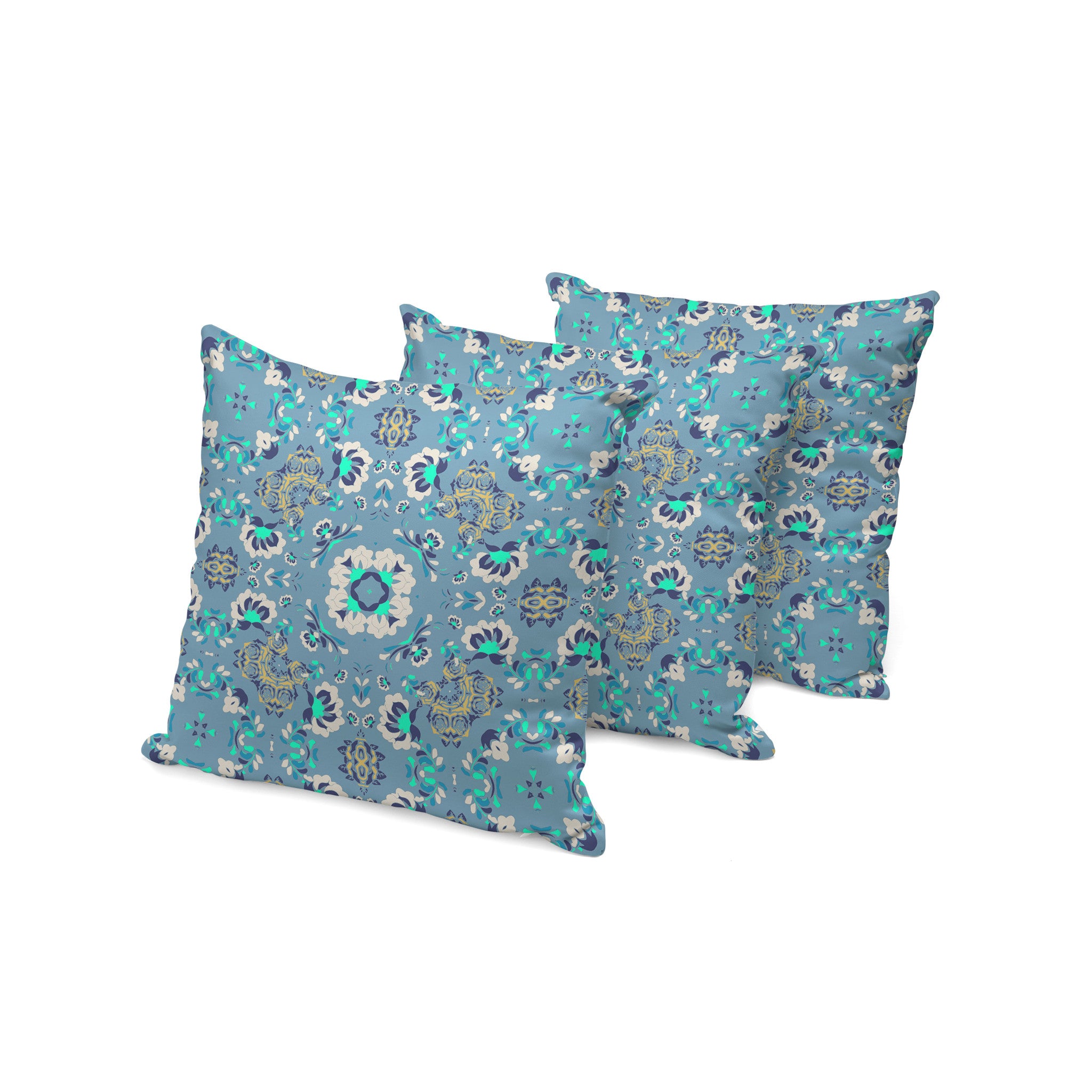 Set of Three 16" X 16" Blue and Green Botanical Indoor Outdoor Throw Pillow