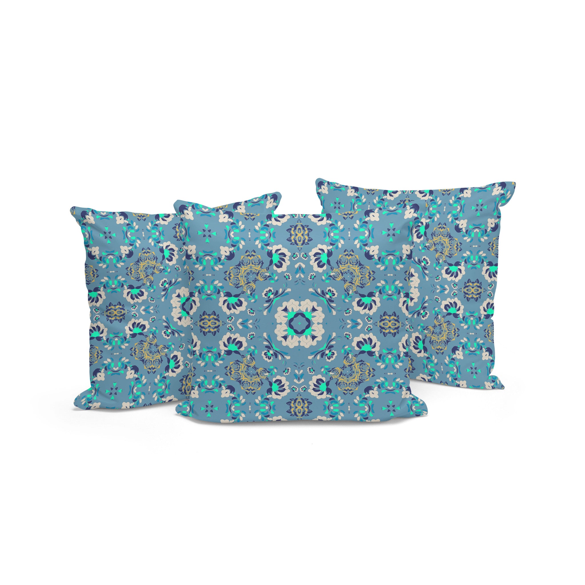 Set of Three 16" X 16" Blue and Green Botanical Indoor Outdoor Throw Pillow