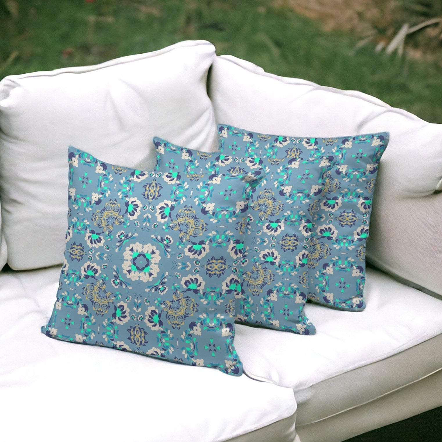 Set of Three 16" X 16" Blue and Green Botanical Indoor Outdoor Throw Pillow