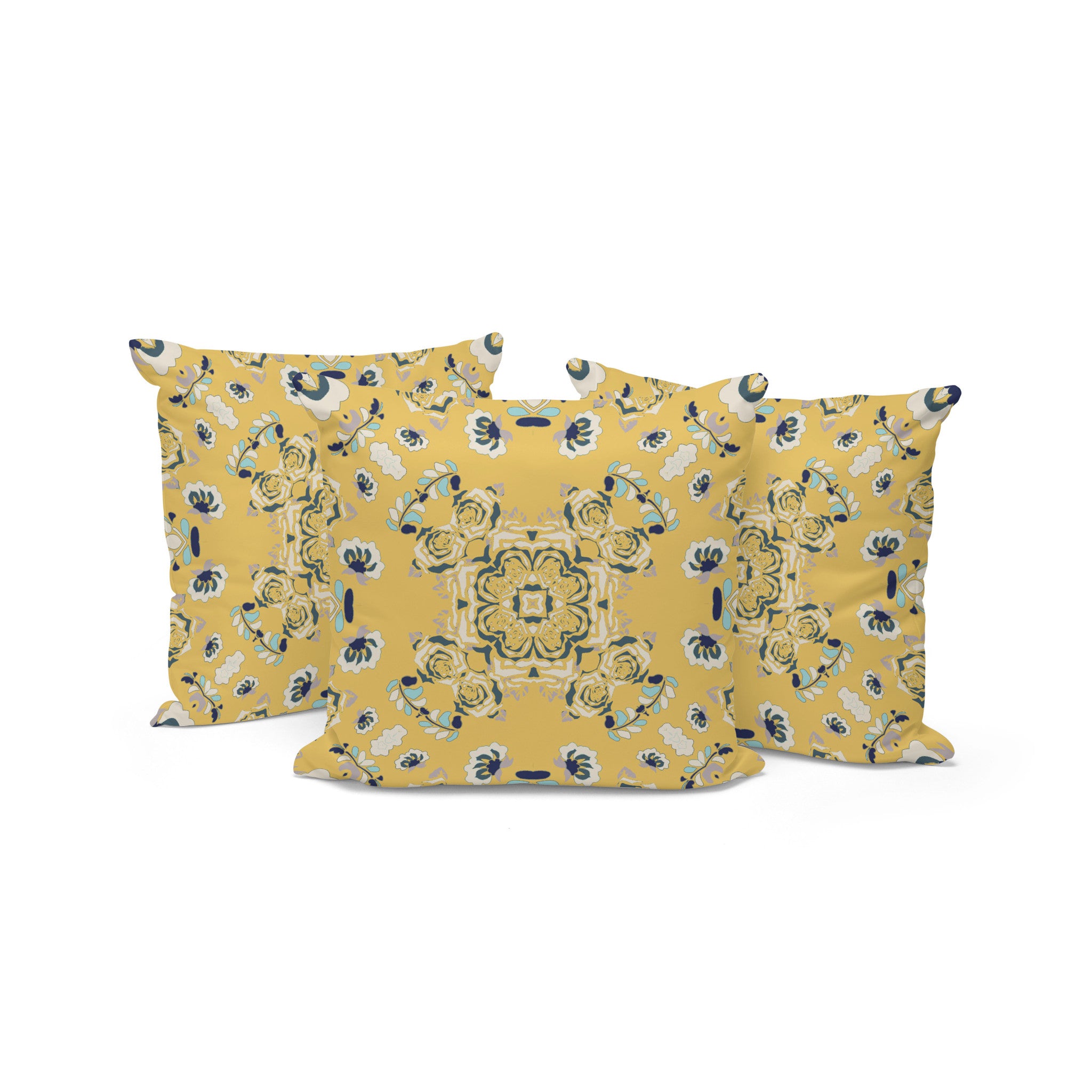 Set of Three 16" X 16" Blue and Yellow Botanical Indoor Outdoor Throw Pillow