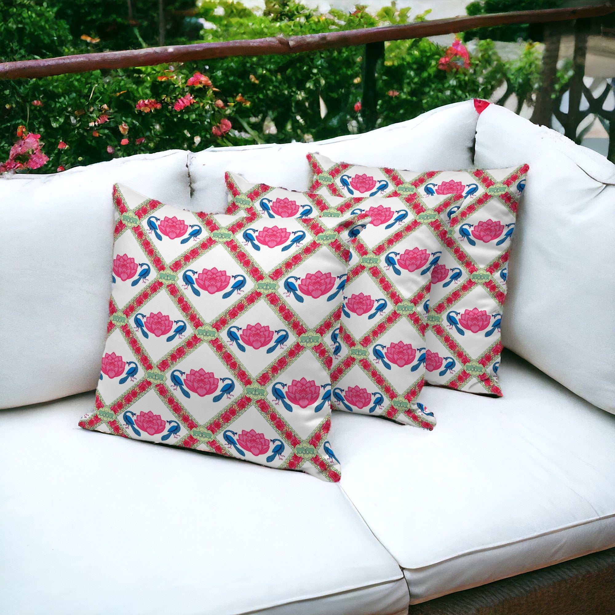 Set of Three 16" X 16" Pink and White Peacock Blown Seam Floral Indoor Outdoor Throw Pillow