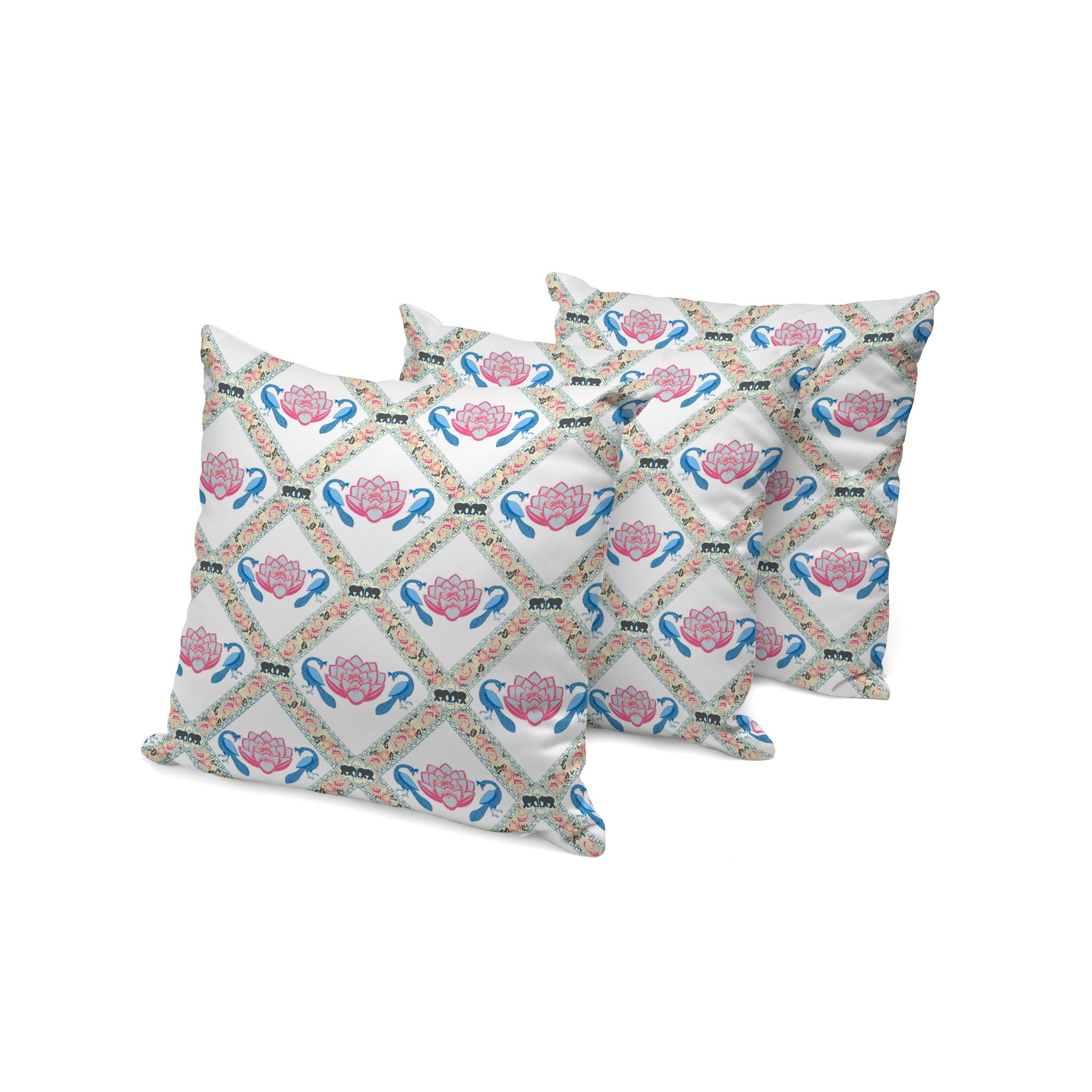 Set of Three 16" X 16" Blue and White Peacock Blown Seam Floral Indoor Outdoor Throw Pillow