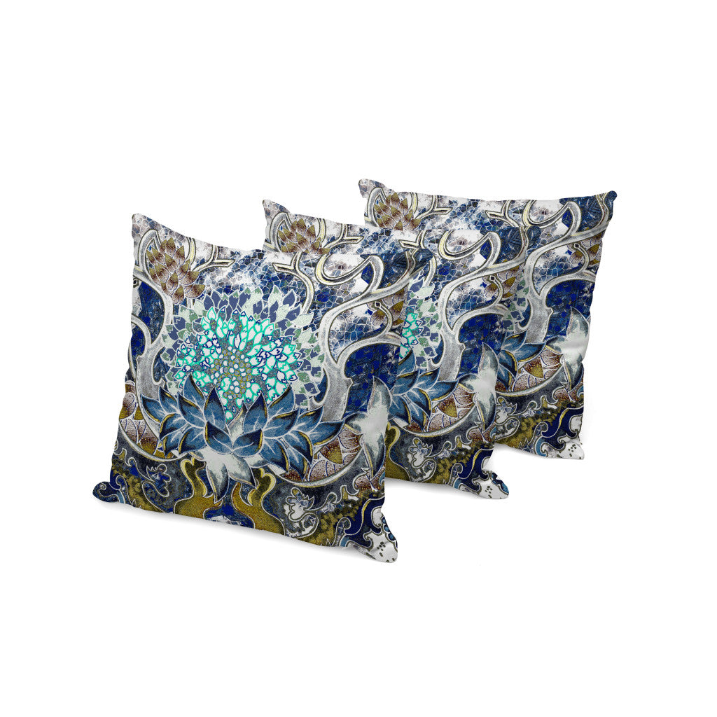 Set of Three 16" X 16" Blue and Green Blown Seam Floral Indoor Outdoor Throw Pillow