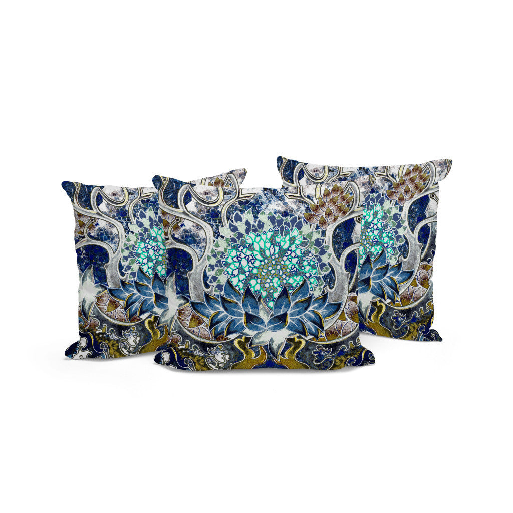 Set of Three 16" X 16" Blue and Green Blown Seam Floral Indoor Outdoor Throw Pillow