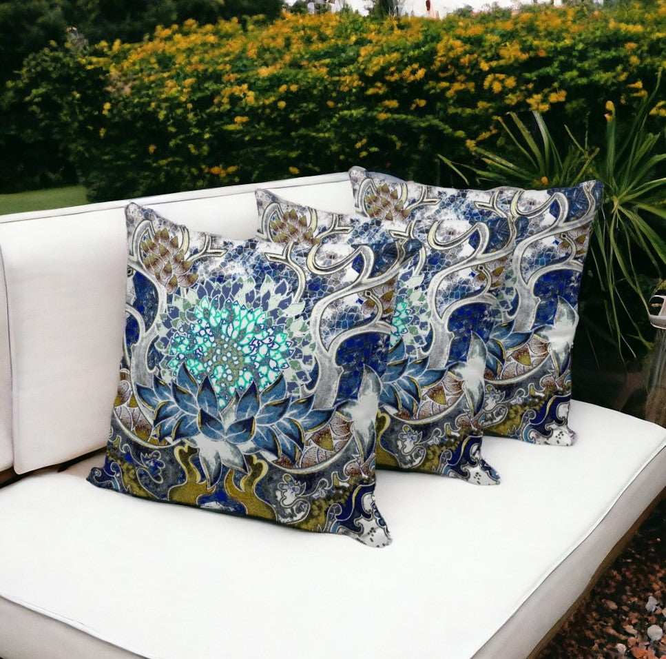 Set of Three 16" X 16" Blue and Green Blown Seam Floral Indoor Outdoor Throw Pillow