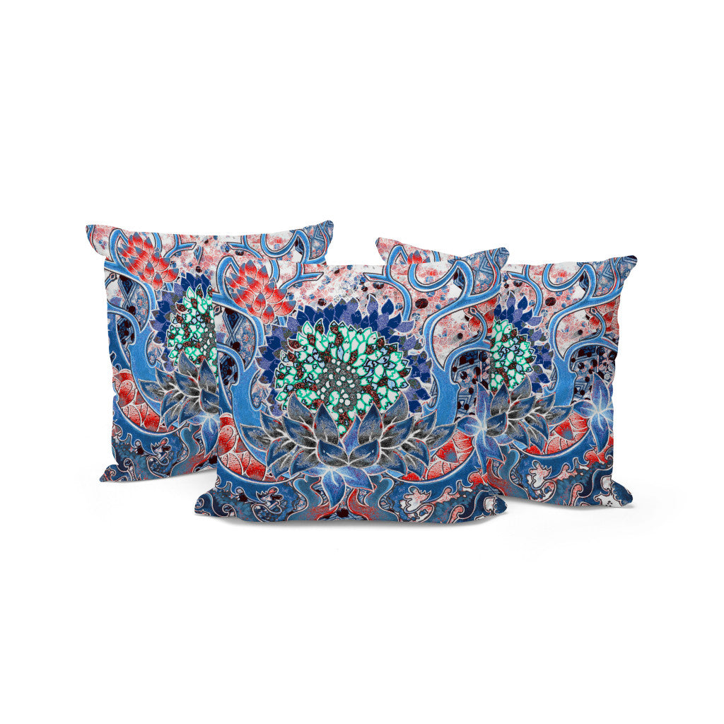 Set of Three 16" X 16" Blue and Pink Blown Seam Floral Indoor Outdoor Throw Pillow