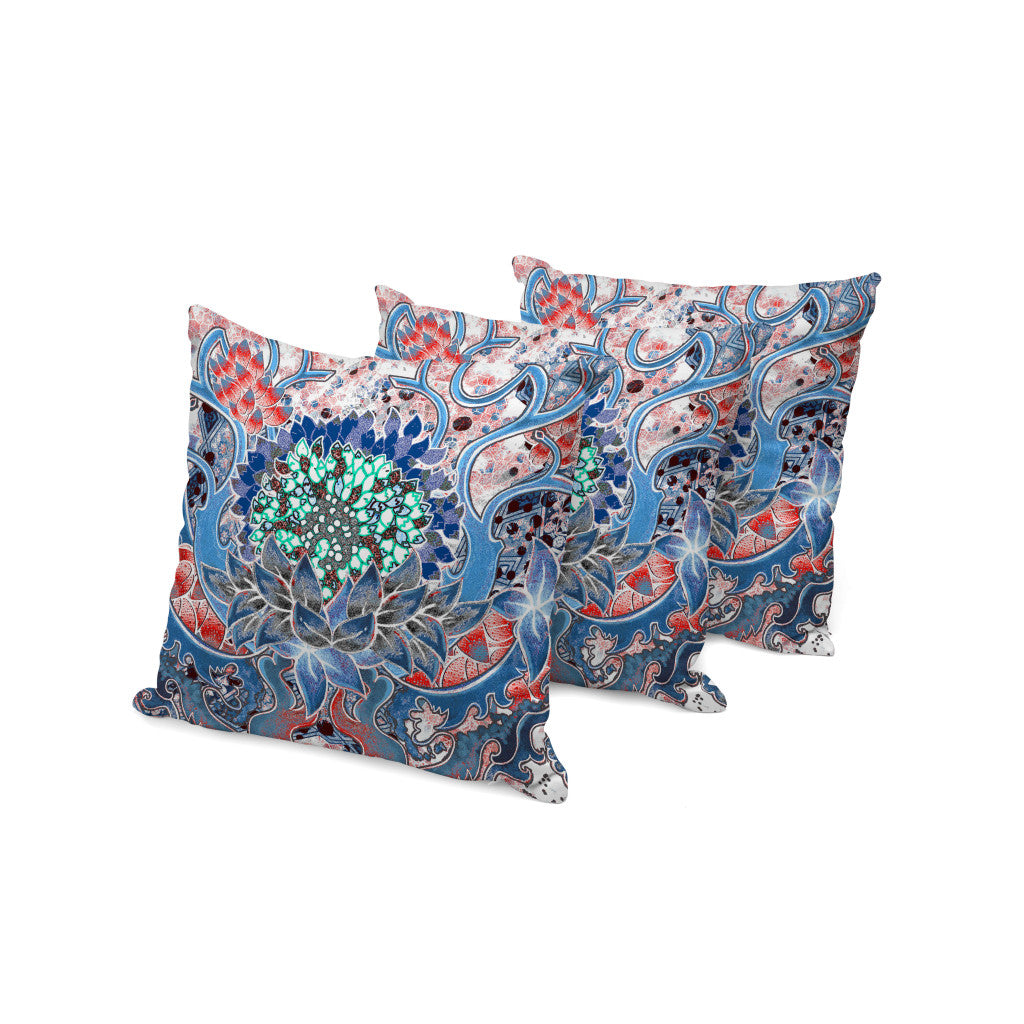 Set of Three 16" X 16" Blue and Pink Blown Seam Floral Indoor Outdoor Throw Pillow