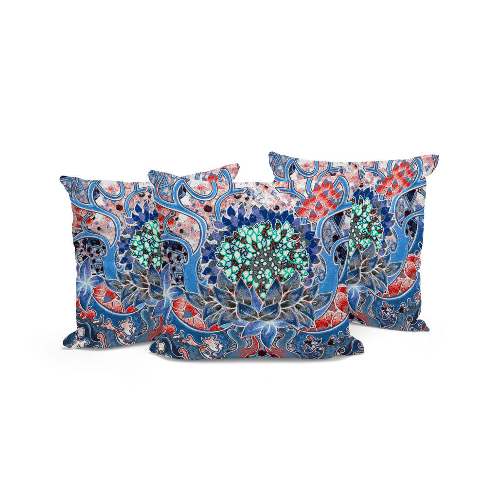 Set of Three 16" X 16" Blue and Pink Blown Seam Floral Indoor Outdoor Throw Pillow