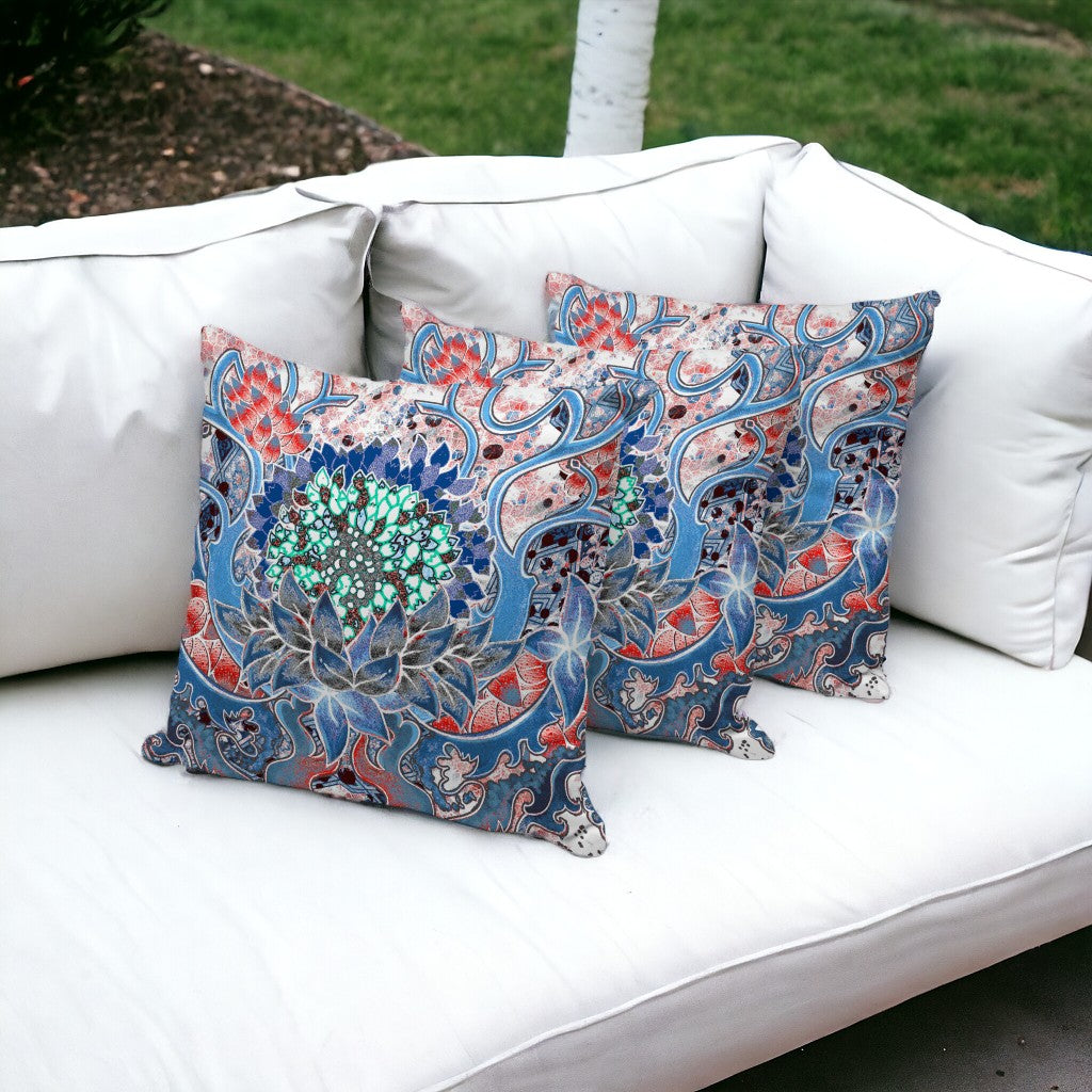 Set of Three 16" X 16" Blue and Pink Blown Seam Floral Indoor Outdoor Throw Pillow