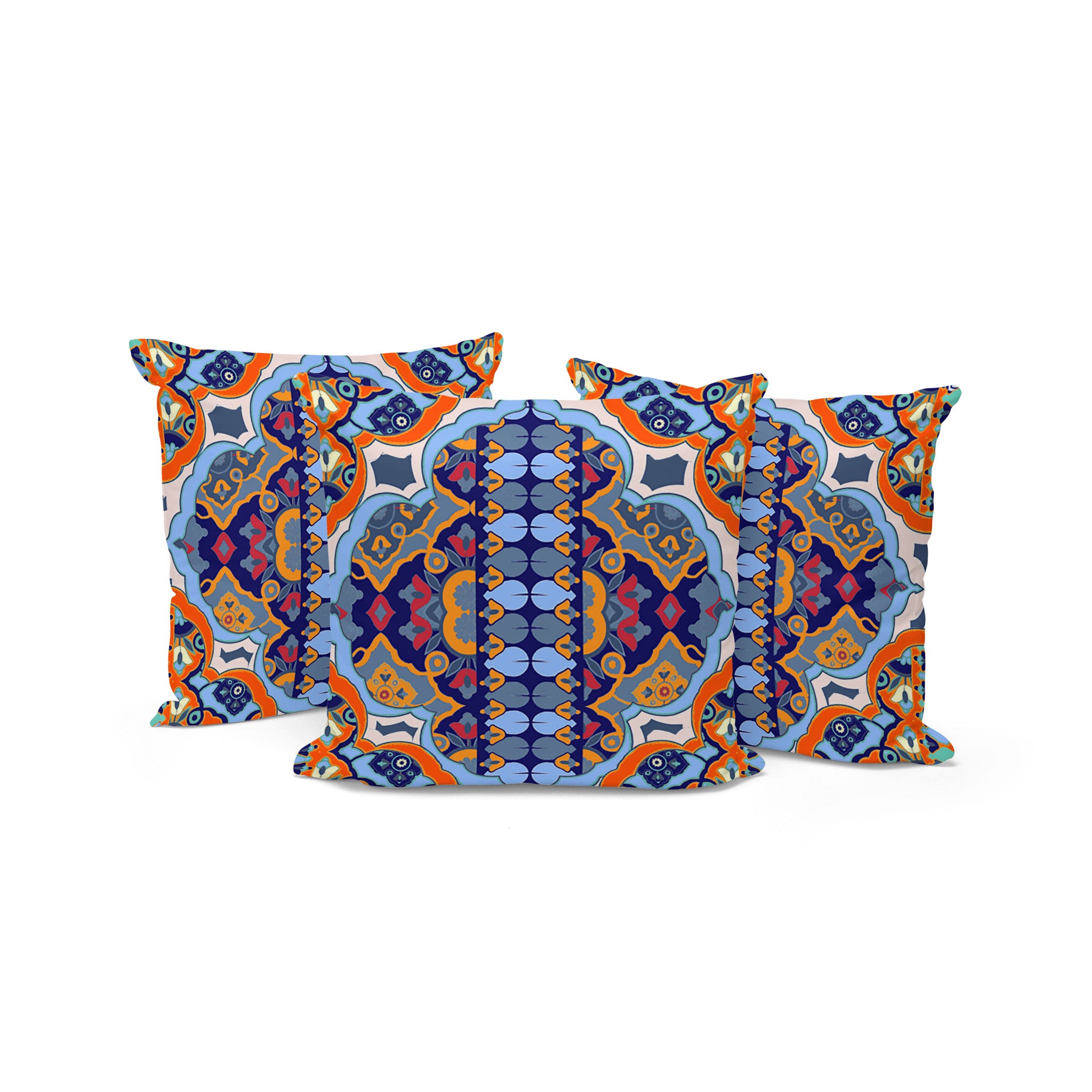 Set of Three 16" X 16" Blue and Orange Blown Seam Floral Indoor Outdoor Throw Pillow