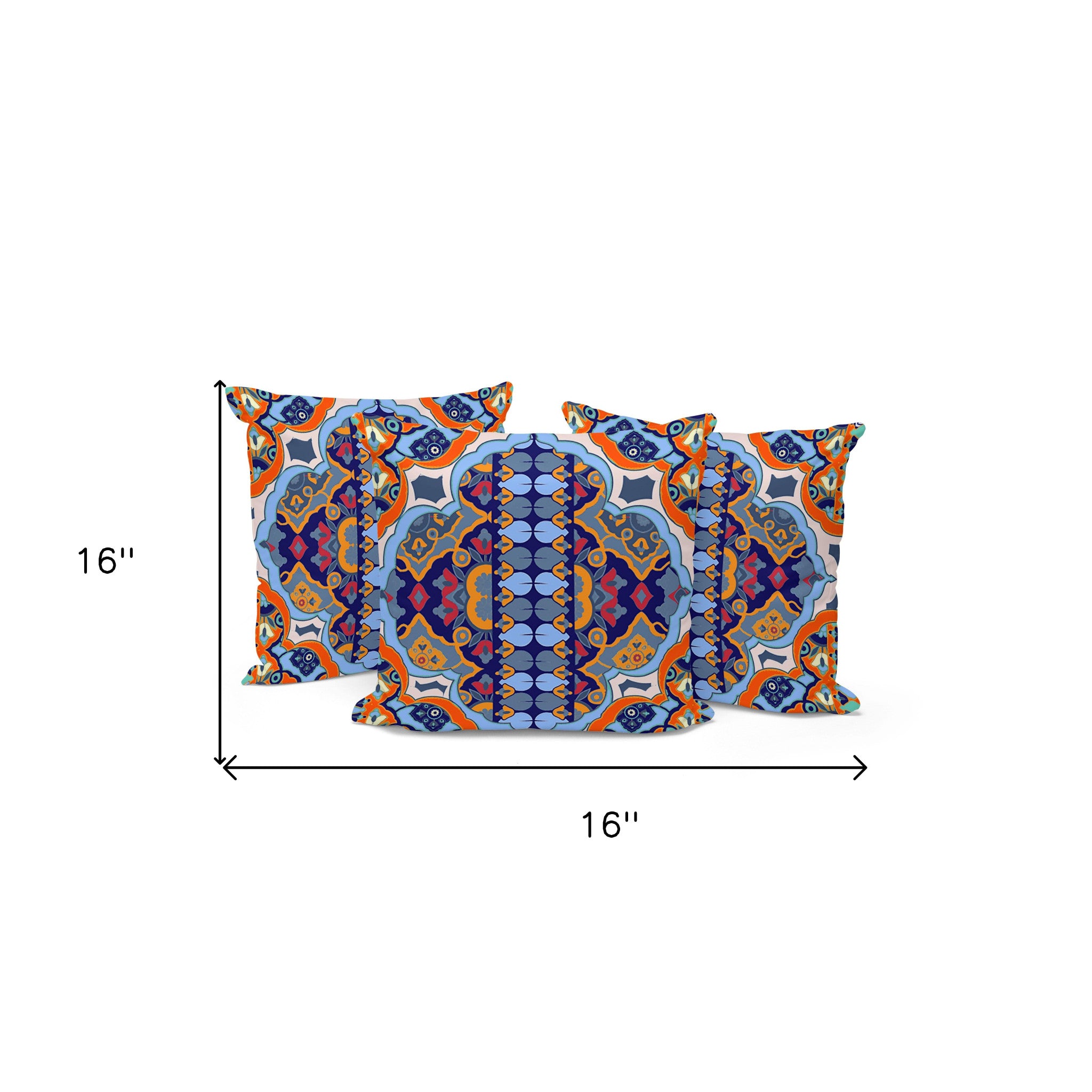 Set of Three 16" X 16" Blue and Orange Blown Seam Floral Indoor Outdoor Throw Pillow