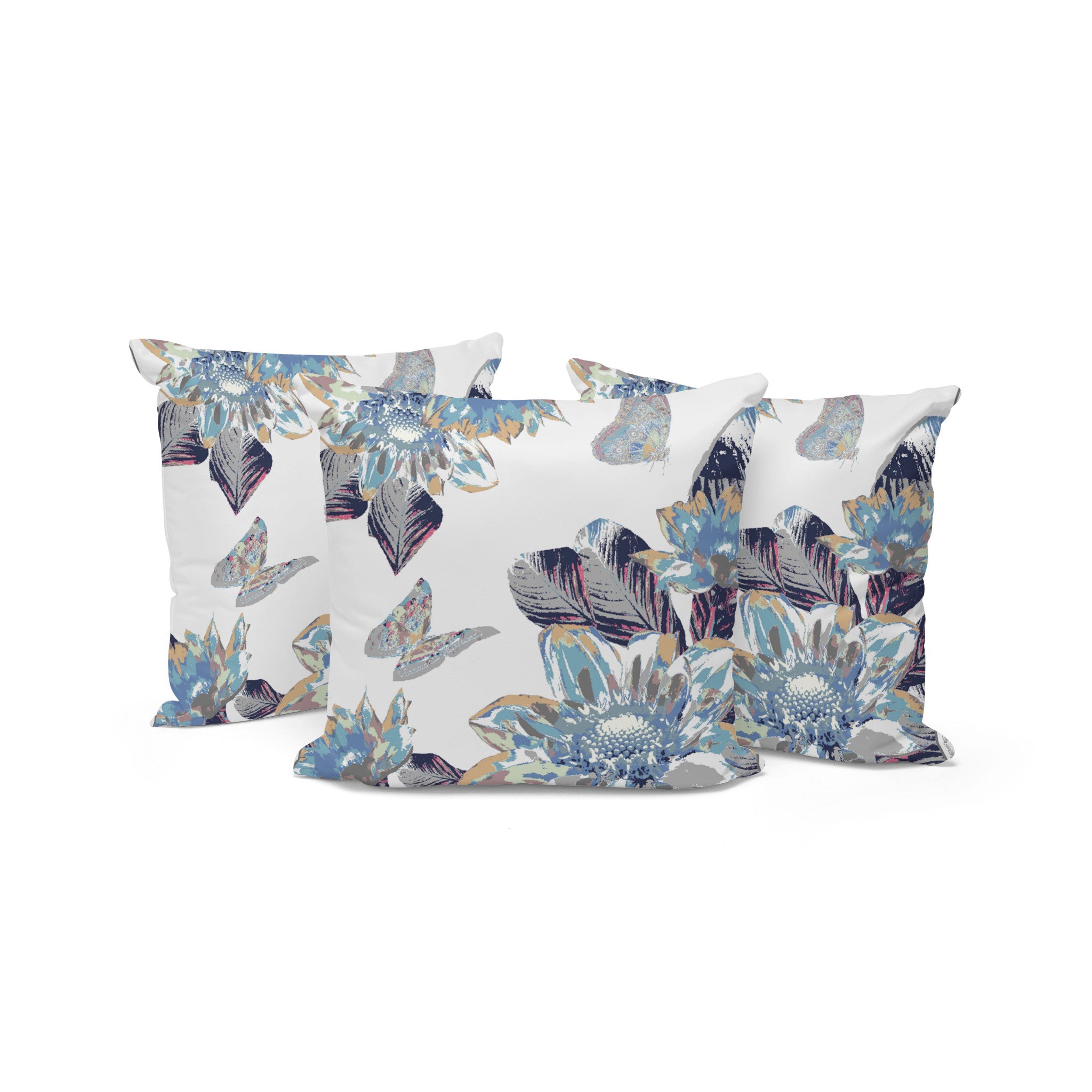 Set of Three 16" X 16" Gray and White Butterfly Blown Seam Floral Indoor Outdoor Throw Pillow