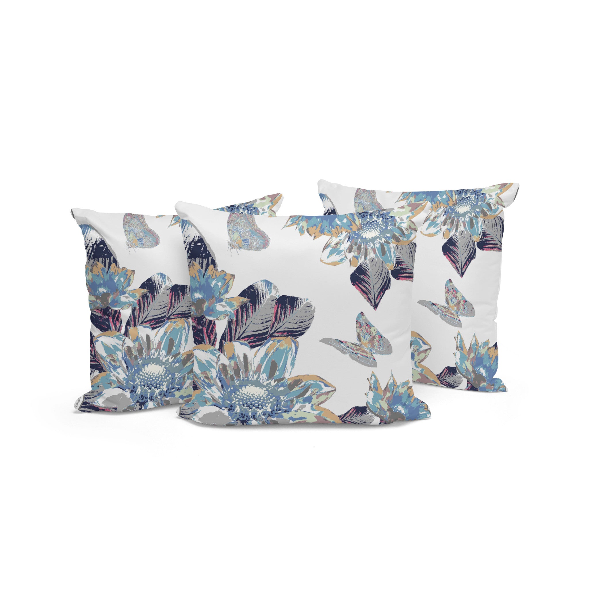 Set of Three 16" X 16" Gray and White Butterfly Blown Seam Floral Indoor Outdoor Throw Pillow