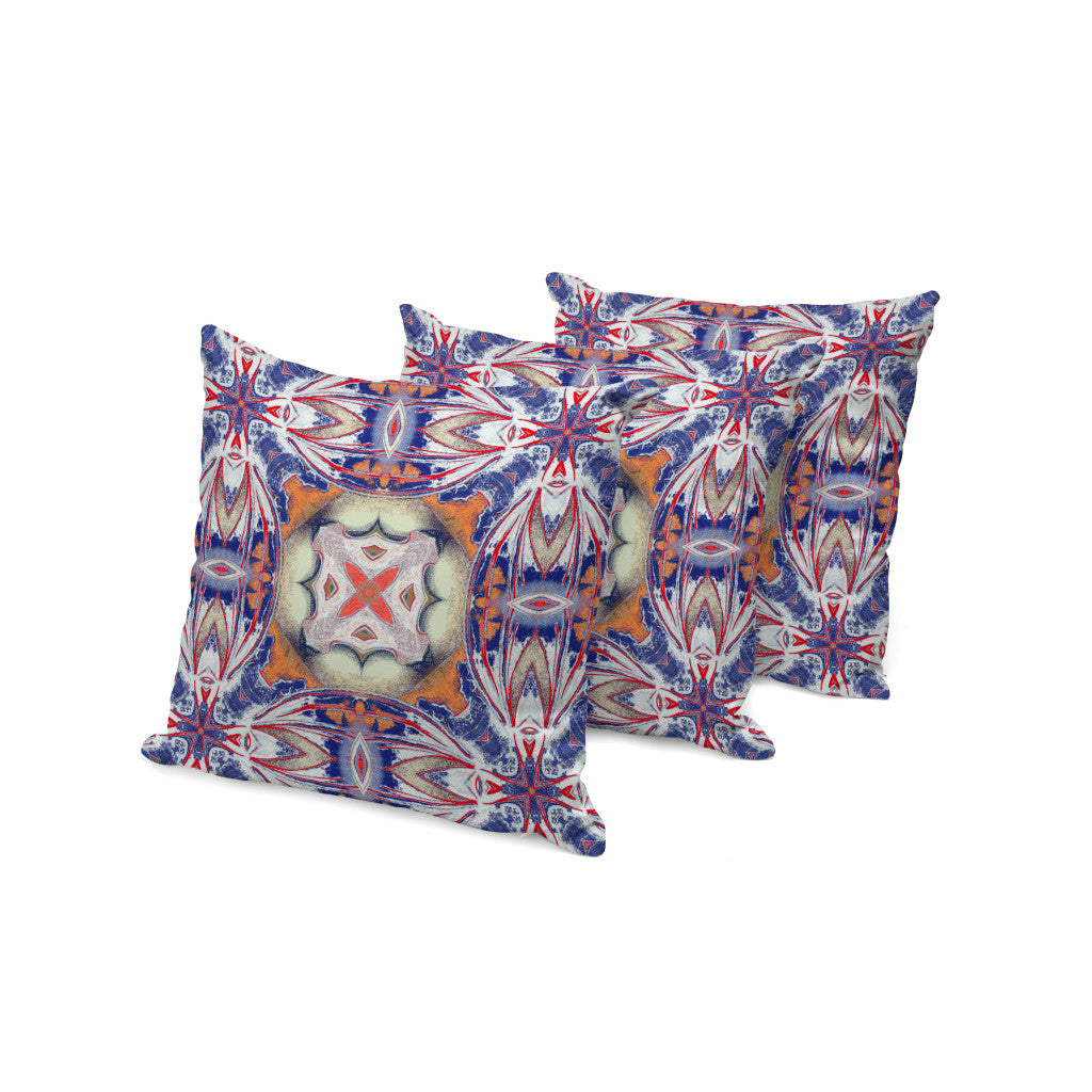 Set of Three 16" X 16" Blue and Orange Blown Seam Floral Indoor Outdoor Throw Pillow