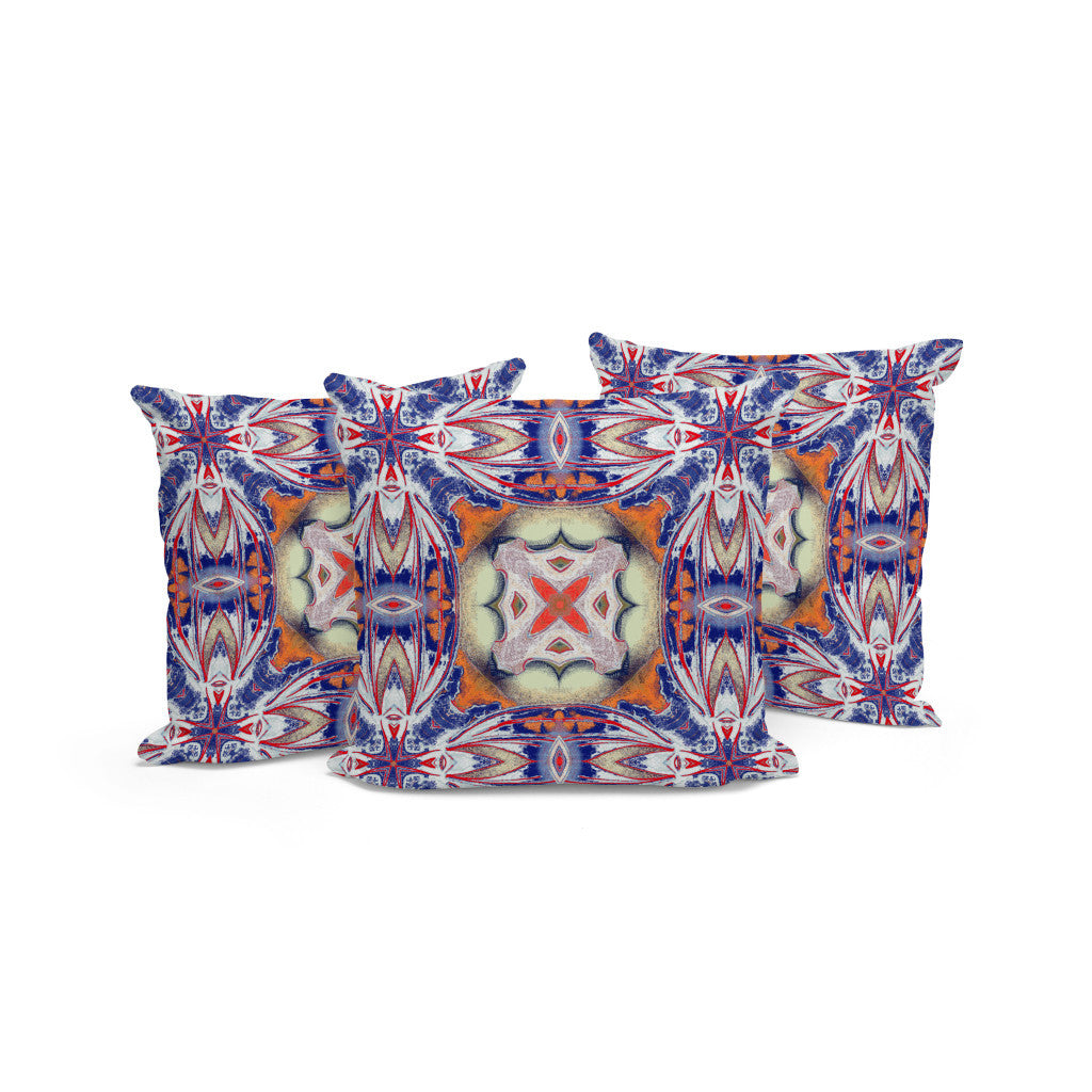 Set of Three 16" X 16" Blue and Orange Blown Seam Floral Indoor Outdoor Throw Pillow