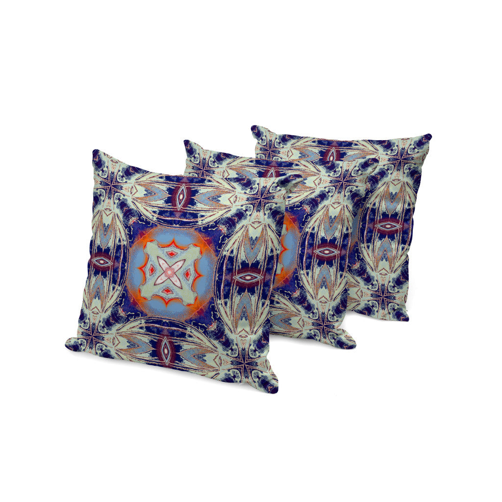 Set of Three 16" X 16" Blue and Orange Blown Seam Floral Indoor Outdoor Throw Pillow