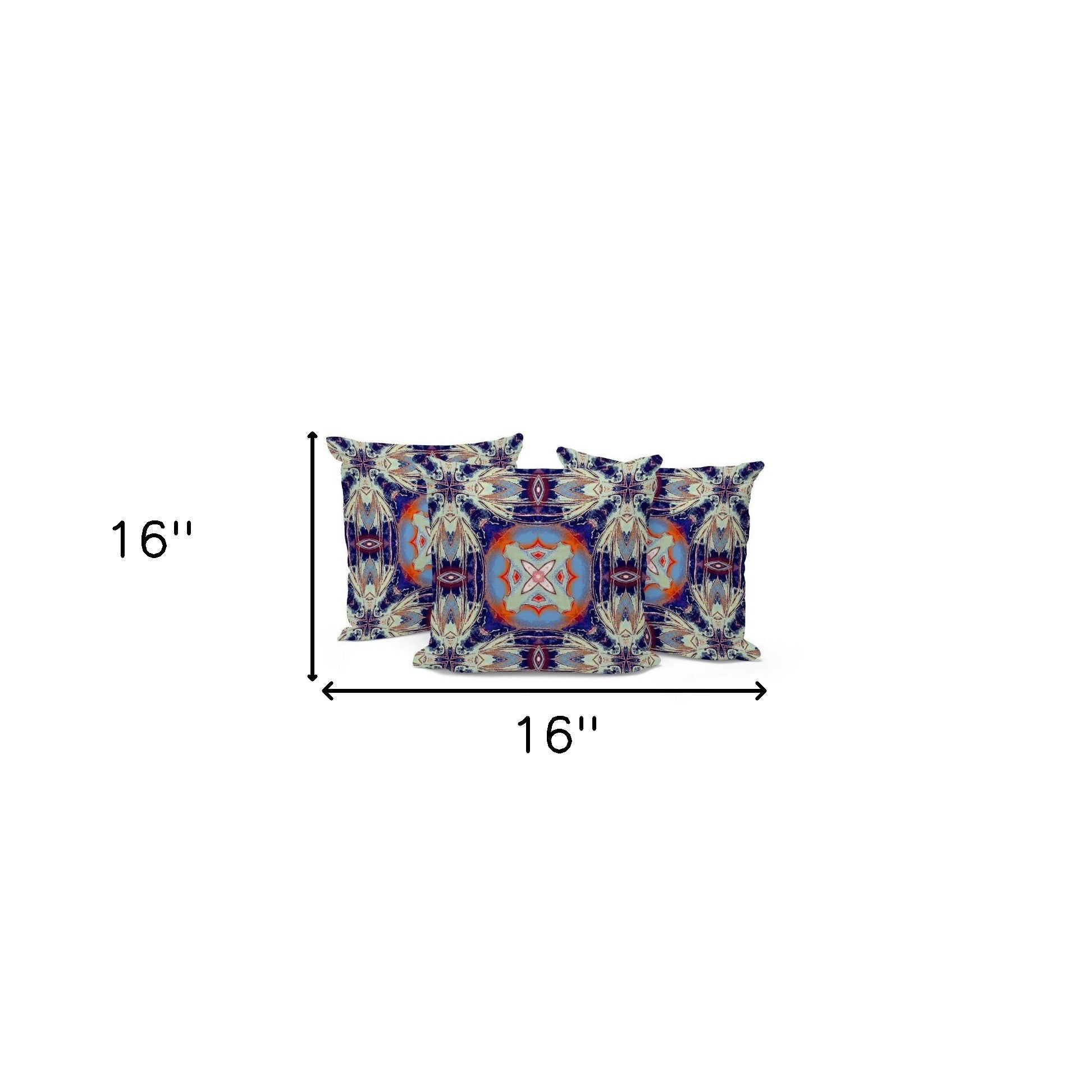 Set of Three 16" X 16" Blue and Orange Blown Seam Floral Indoor Outdoor Throw Pillow