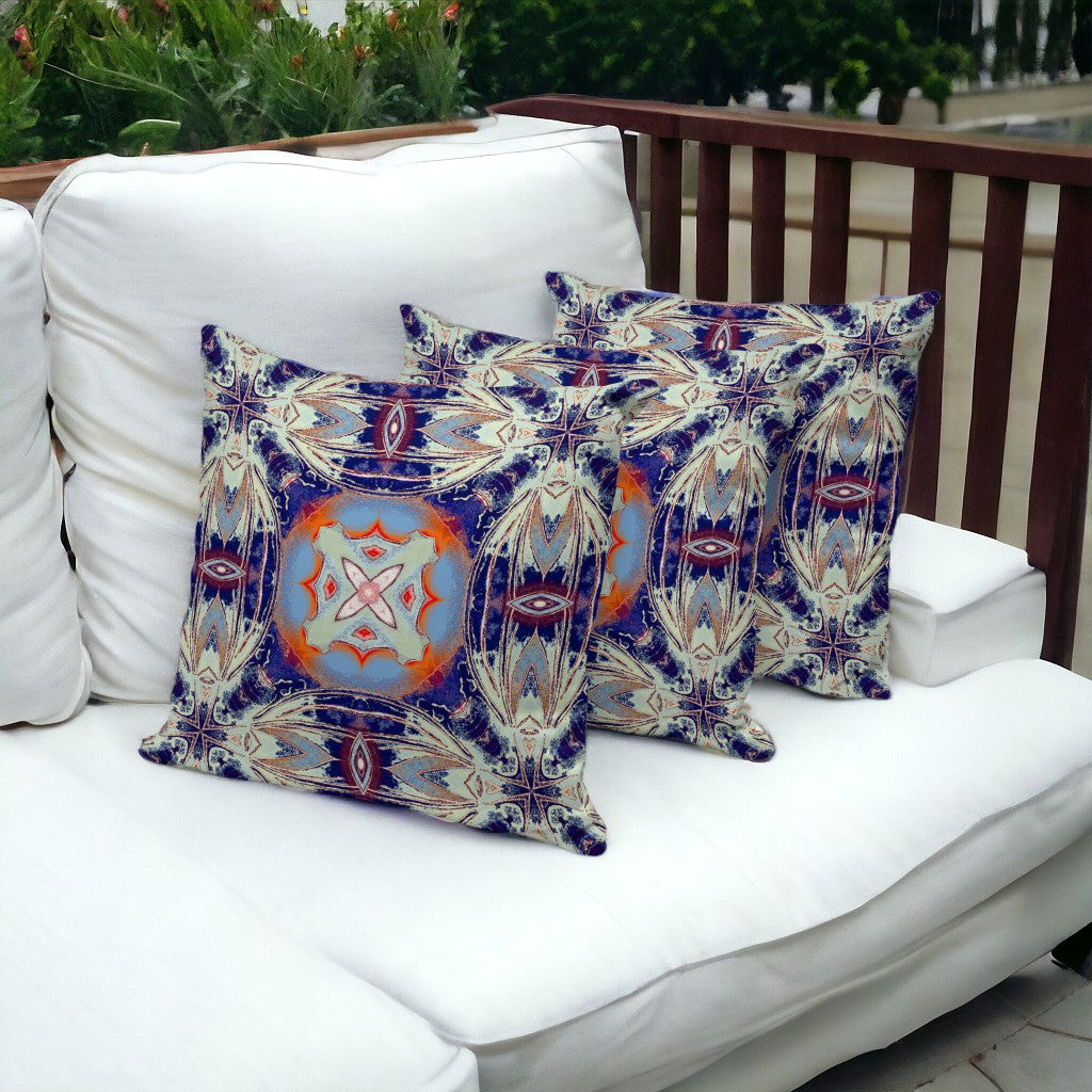 Set of Three 16" X 16" Blue and Orange Blown Seam Floral Indoor Outdoor Throw Pillow