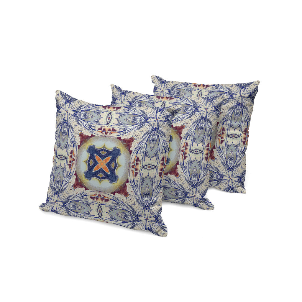 Set of Three 16" X 16" Blue and Gray Blown Seam Floral Indoor Outdoor Throw Pillow