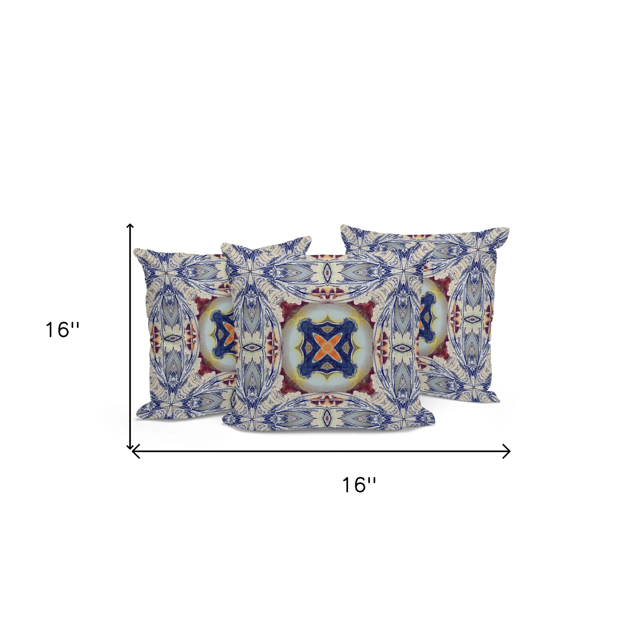 Set of Three 16" X 16" Blue and Gray Blown Seam Floral Indoor Outdoor Throw Pillow