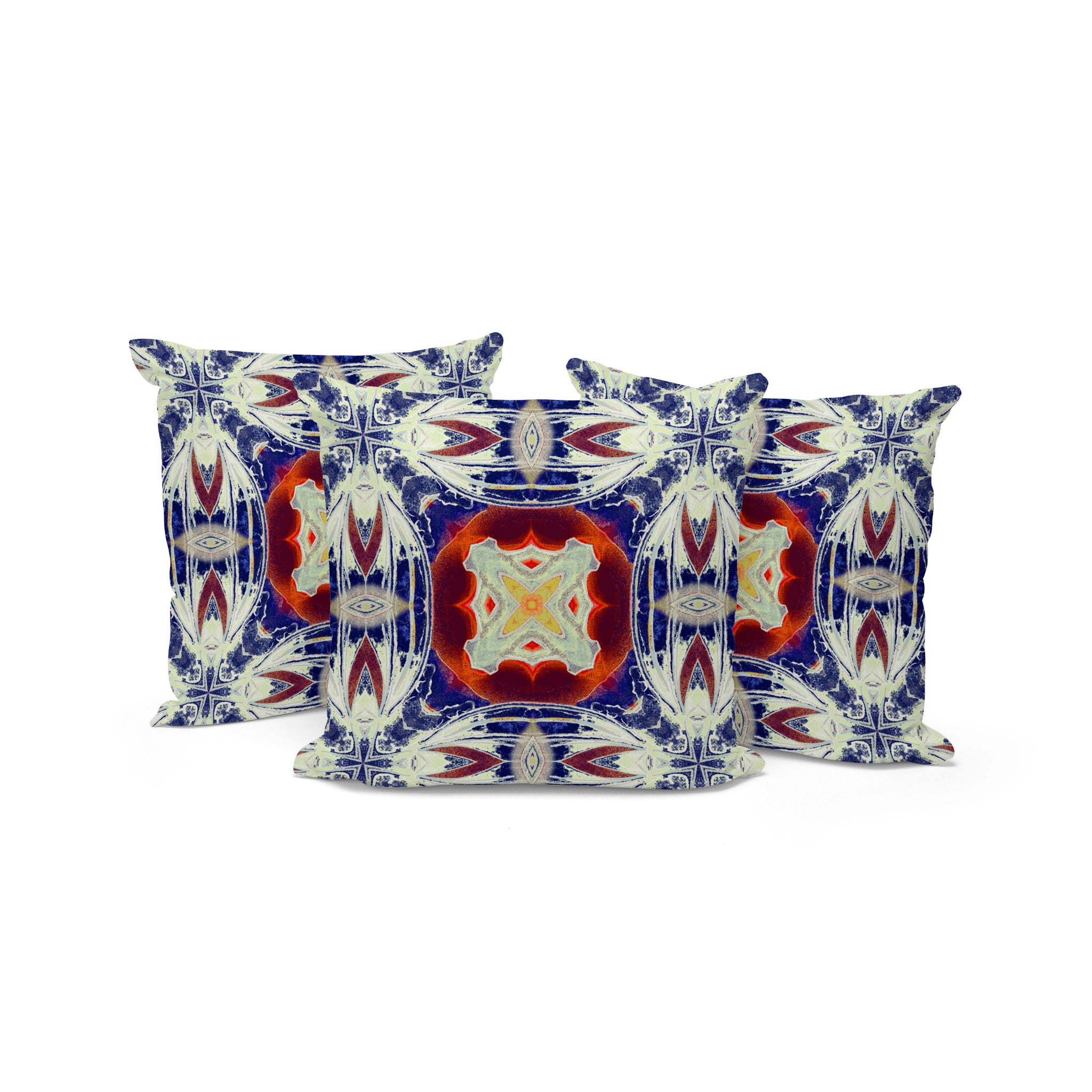 Set of Three 16" X 16" Blue and Orange Blown Seam Floral Indoor Outdoor Throw Pillow