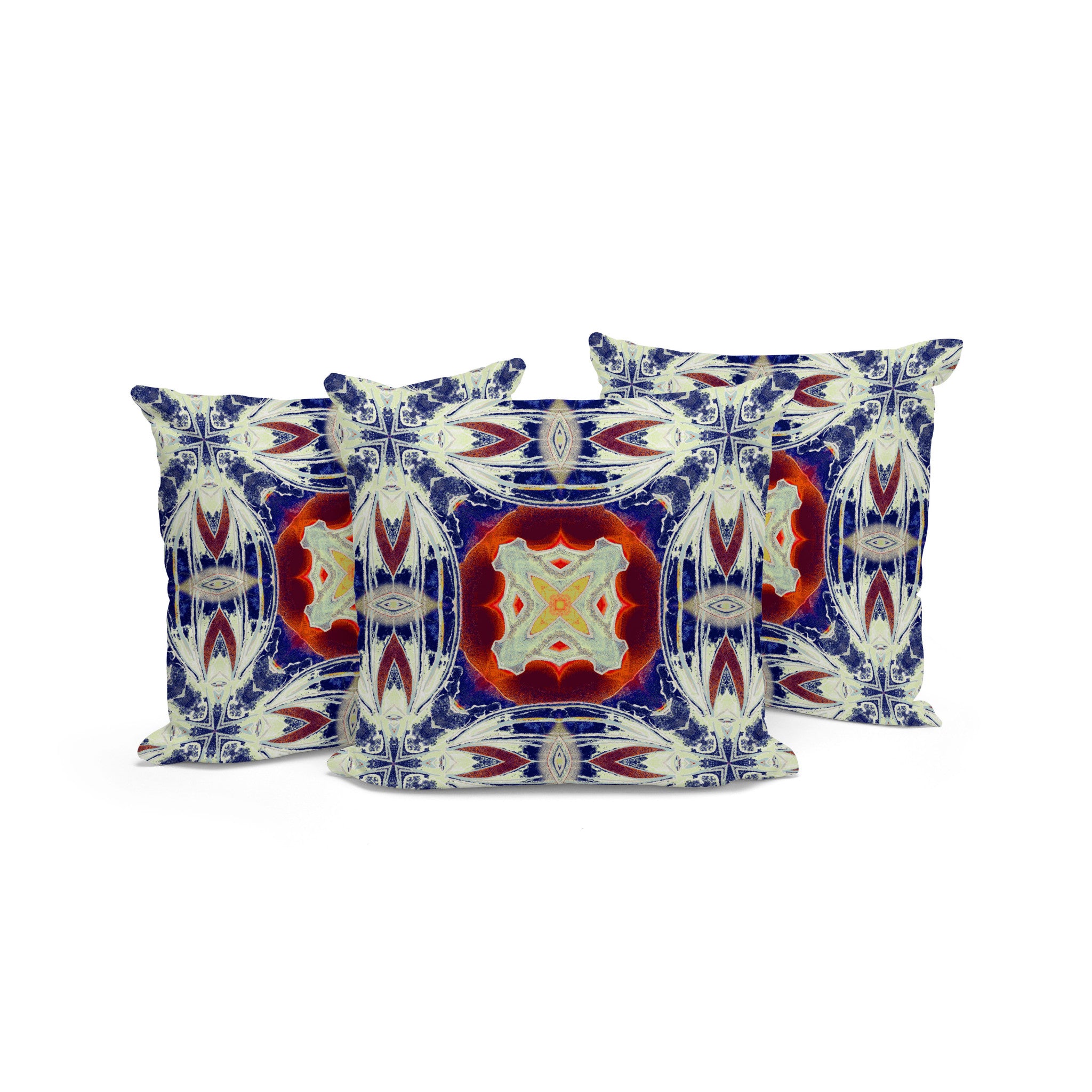 Set of Three 16" X 16" Blue and Orange Blown Seam Floral Indoor Outdoor Throw Pillow