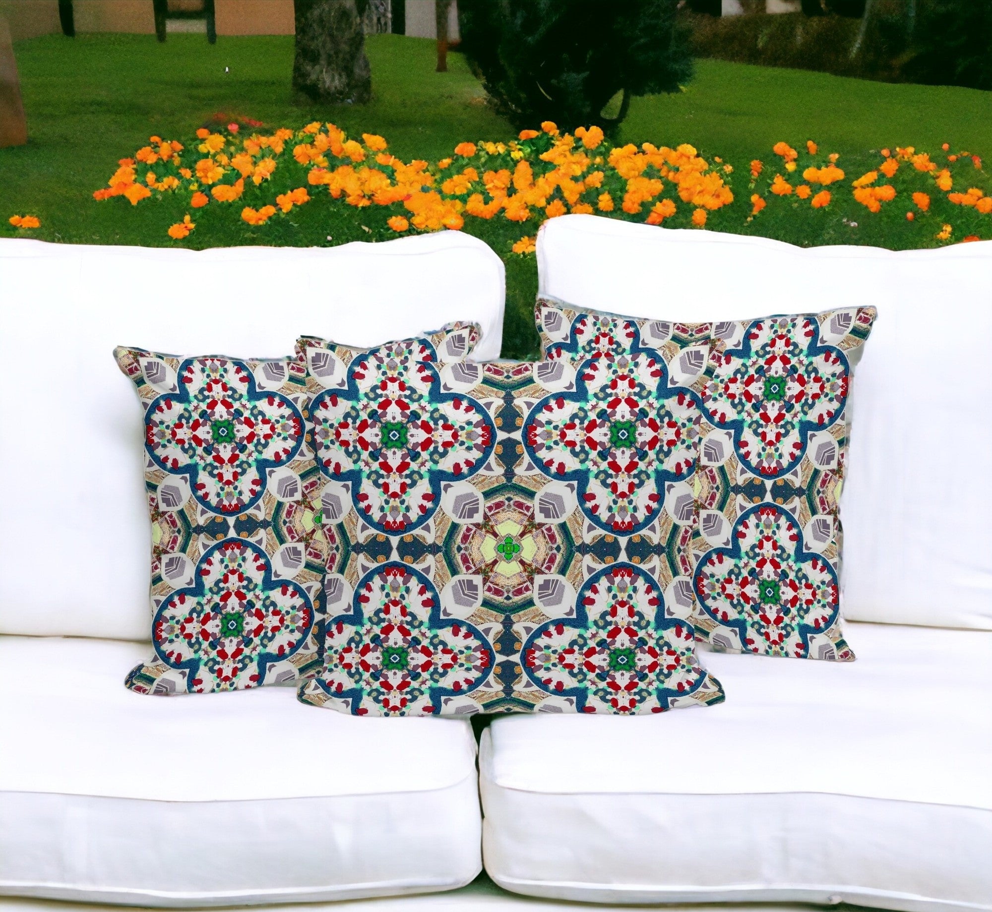 Set of Three 16" X 16" Green and White Blown Seam Floral Indoor Outdoor Throw Pillow