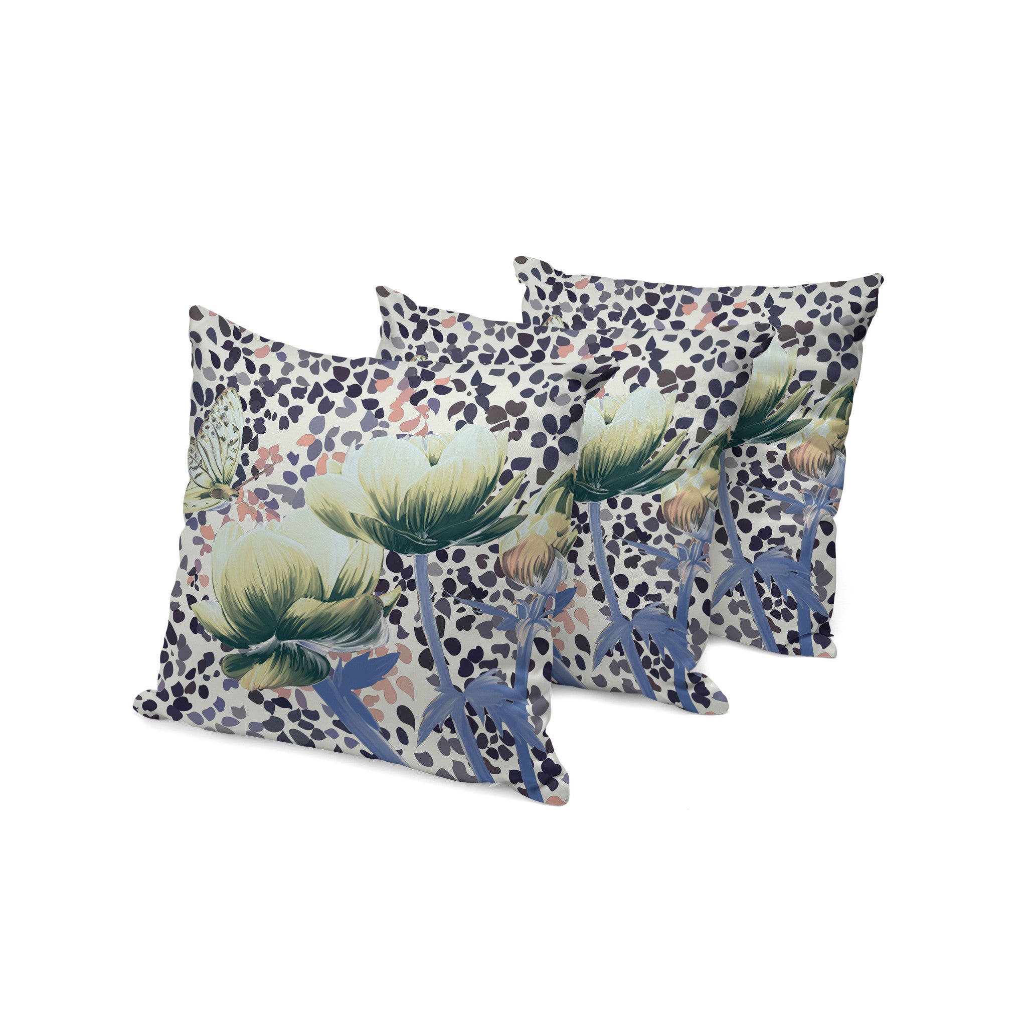 Set of Three 16" X 16" Blue and Green Butterfly Blown Seam Floral Indoor Outdoor Throw Pillow