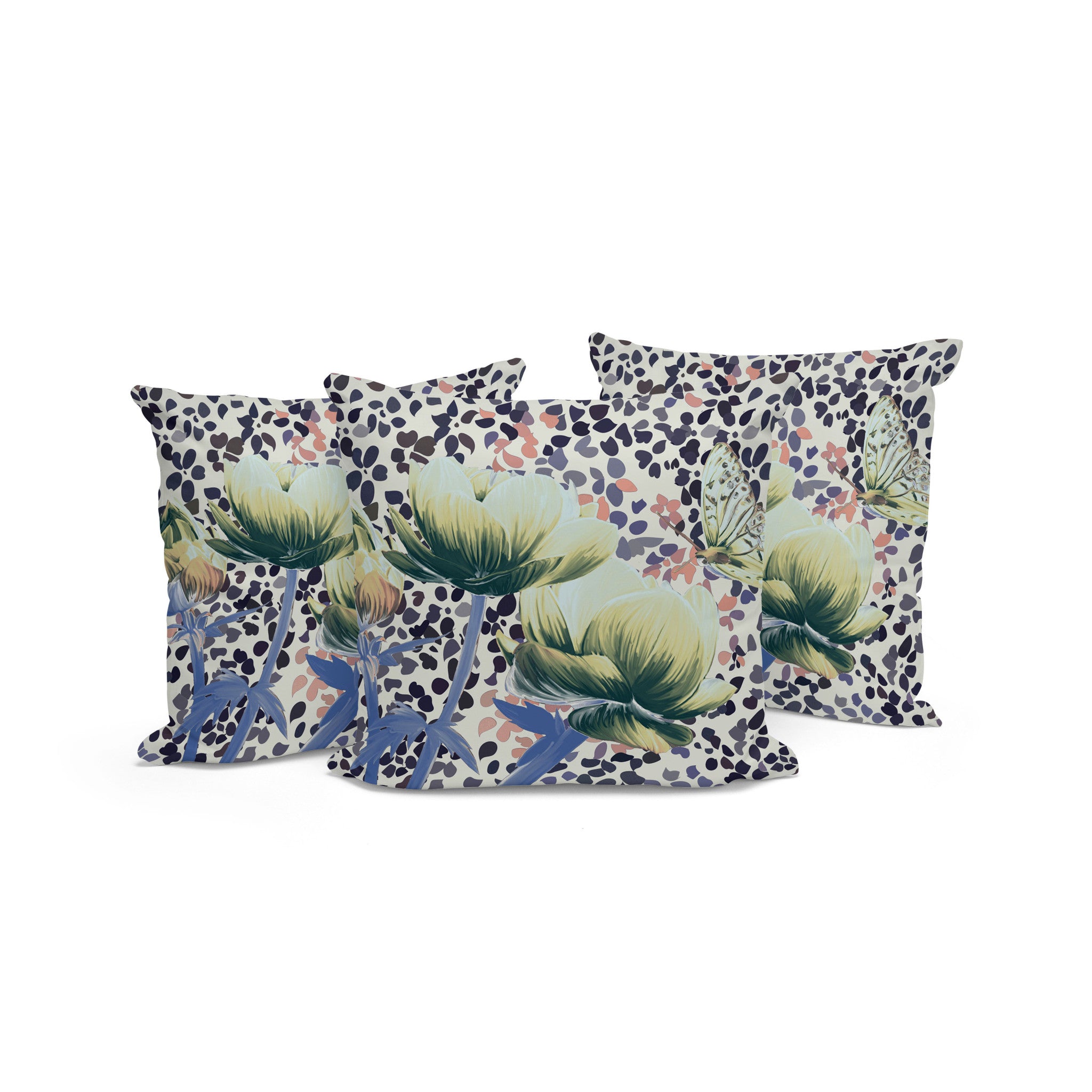 Set of Three 16" X 16" Blue and Green Butterfly Blown Seam Floral Indoor Outdoor Throw Pillow