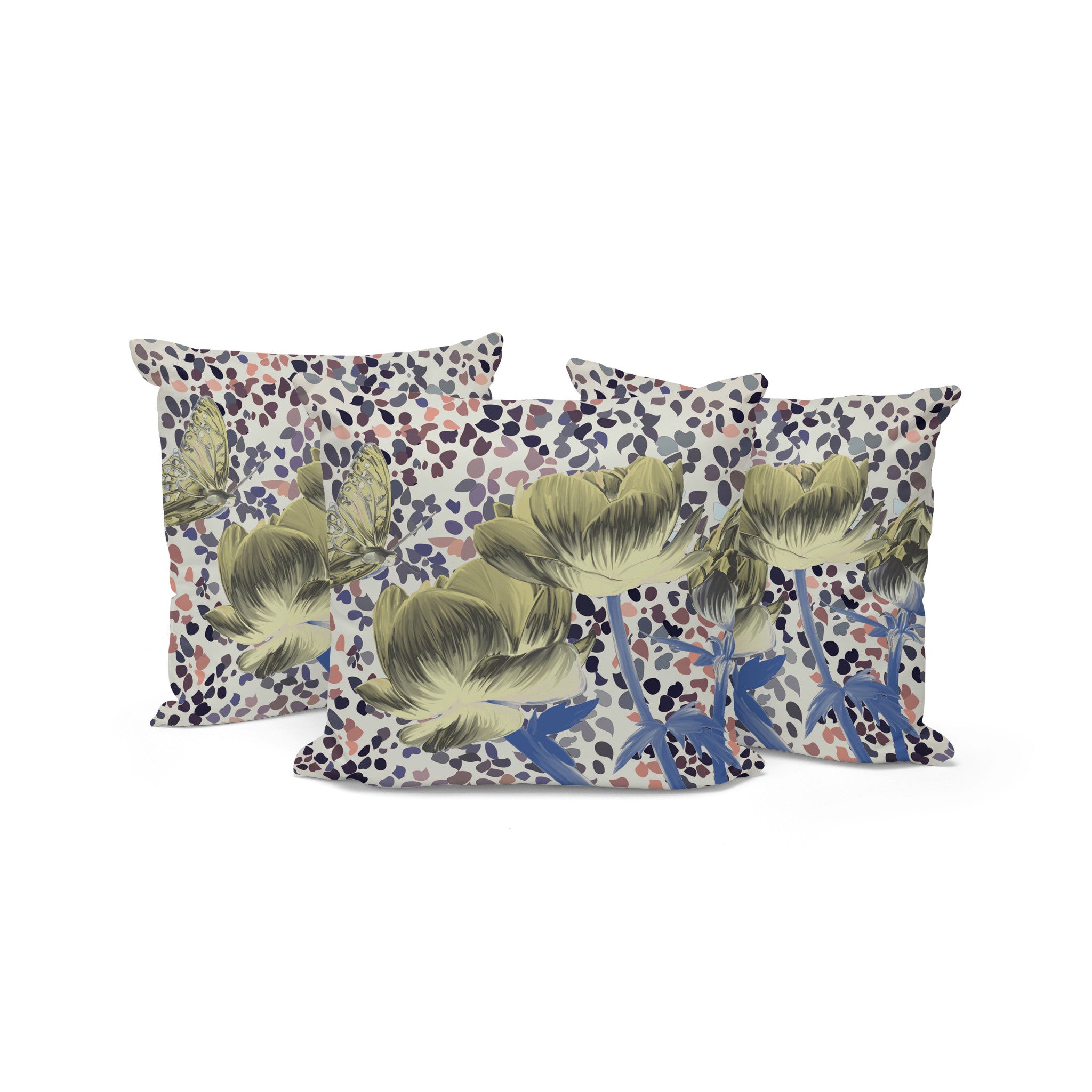 Set of Three 16" X 16" Blue and Yellow Butterfly Blown Seam Floral Indoor Outdoor Throw Pillow