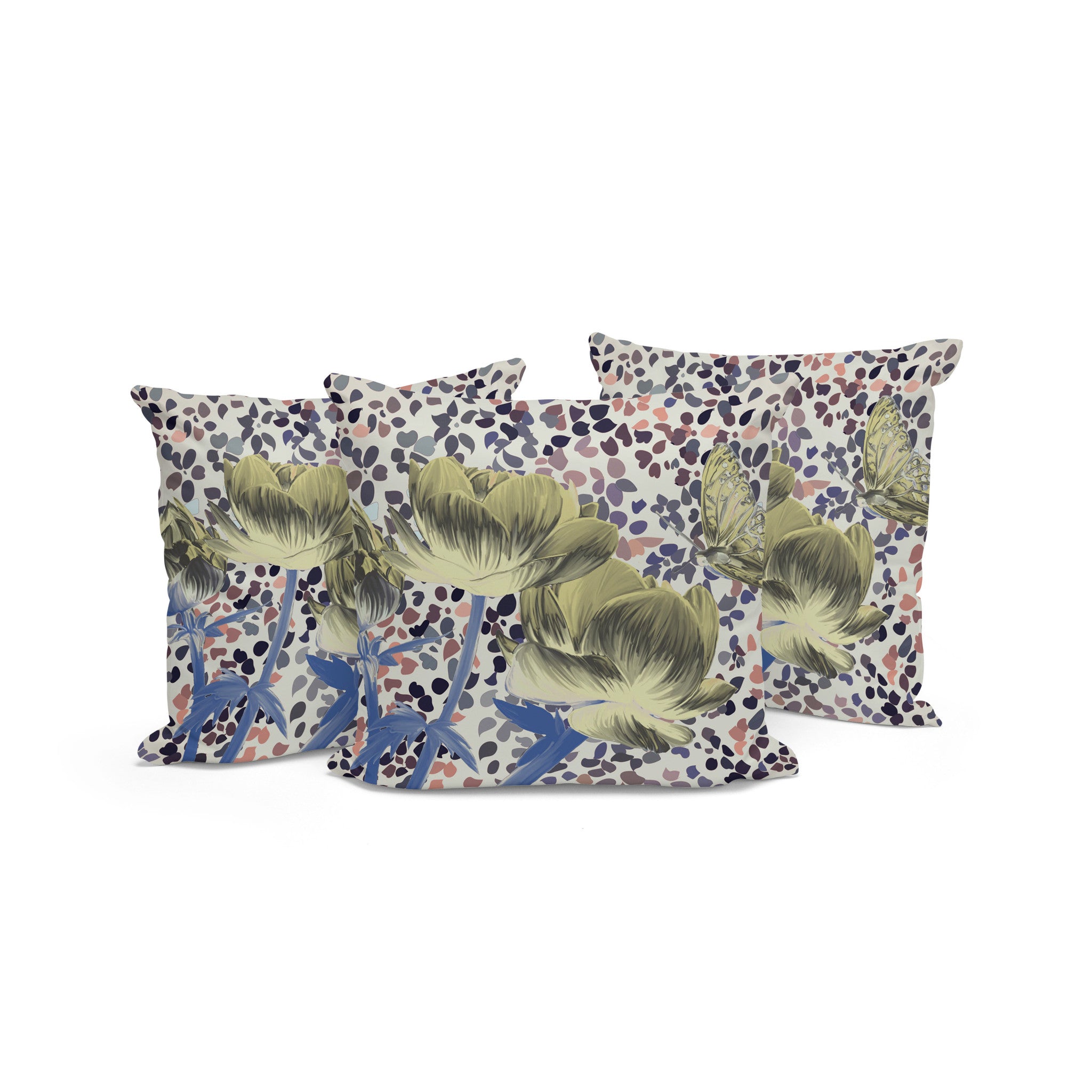 Set of Three 16" X 16" Blue and Yellow Butterfly Blown Seam Floral Indoor Outdoor Throw Pillow