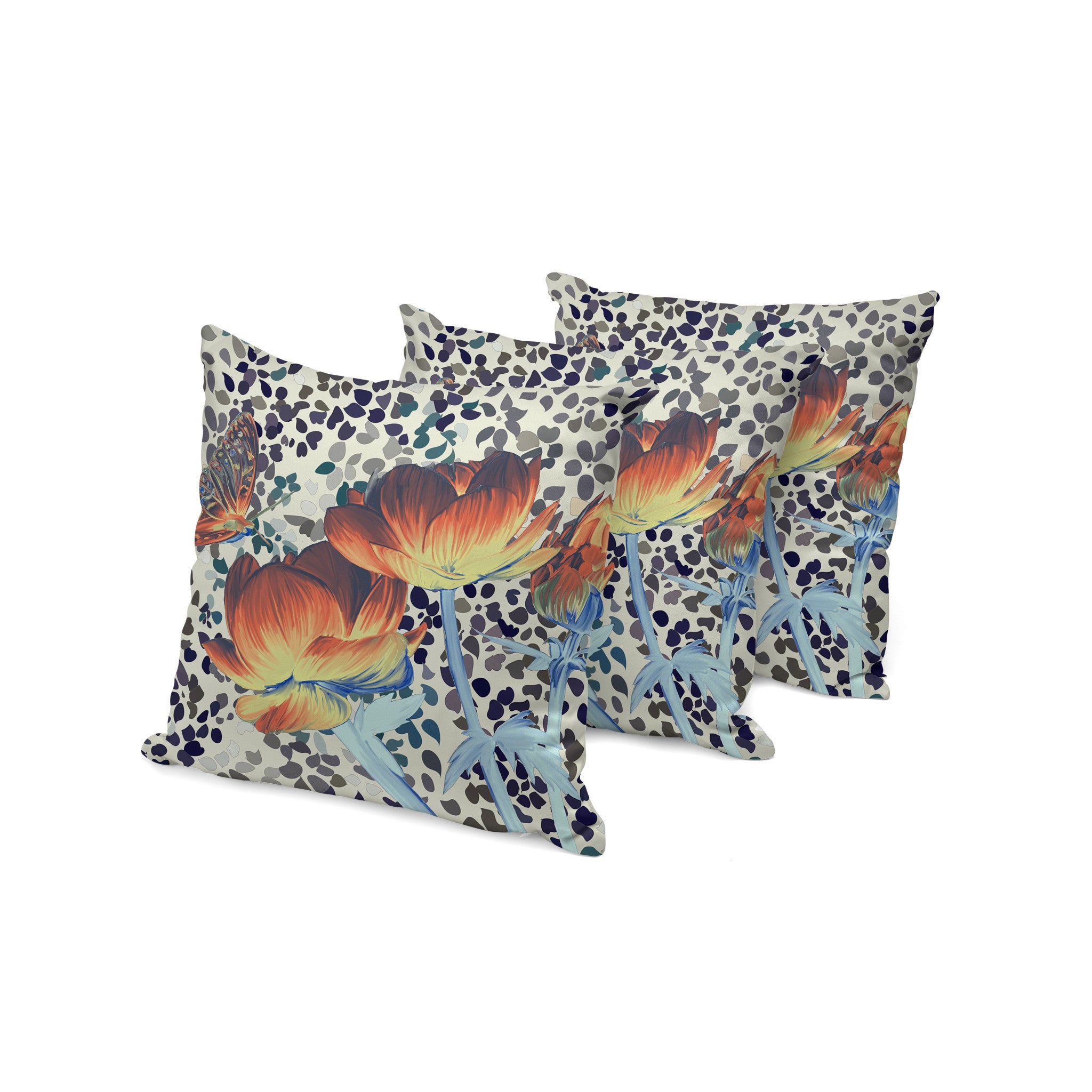 Set of Three 16" X 16" Blue and Orange Butterfly Blown Seam Floral Indoor Outdoor Throw Pillow