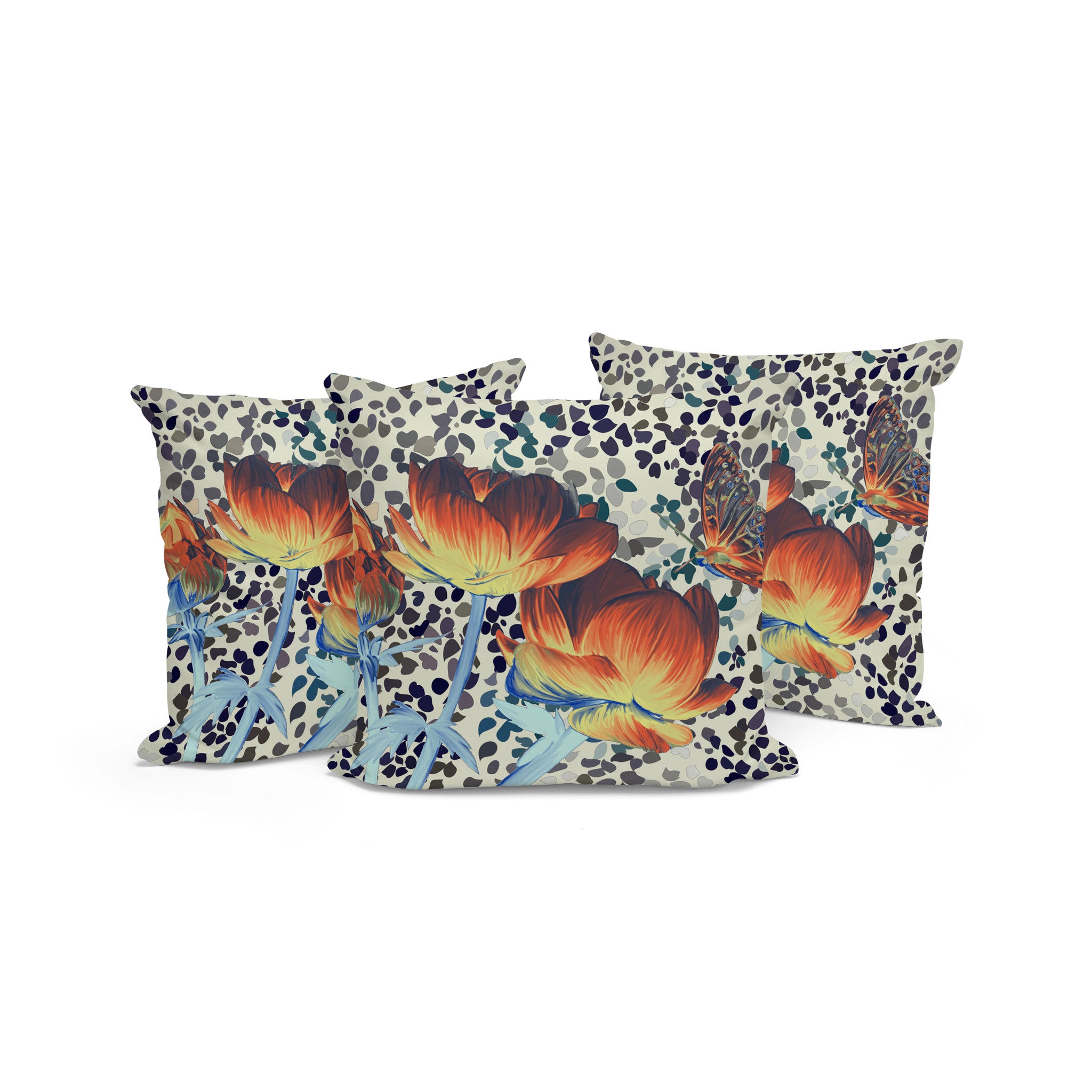 Set of Three 16" X 16" Blue and Orange Butterfly Blown Seam Floral Indoor Outdoor Throw Pillow