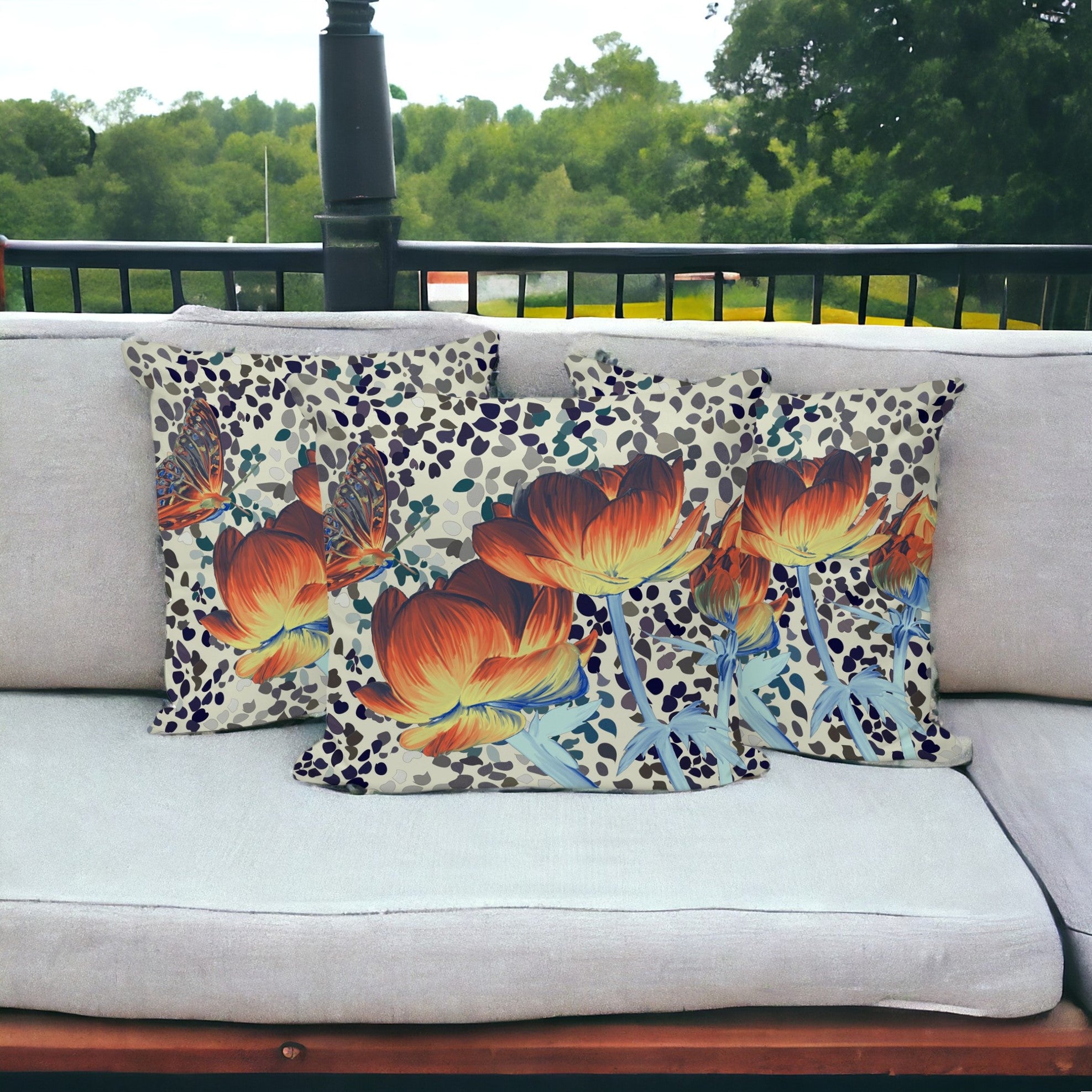 Set of Three 16" X 16" Blue and Orange Butterfly Blown Seam Floral Indoor Outdoor Throw Pillow