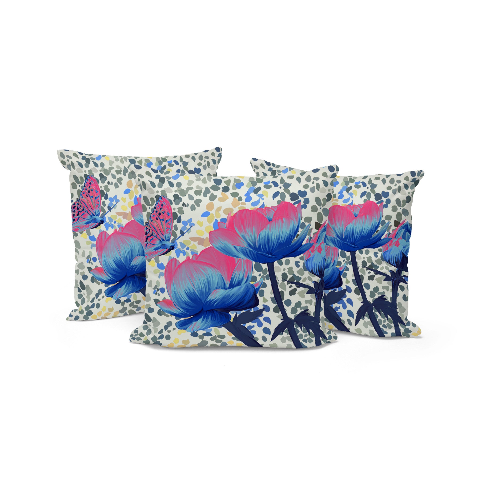 Set of Three 16" X 16" Blue and Pink Butterfly Blown Seam Floral Indoor Outdoor Throw Pillow