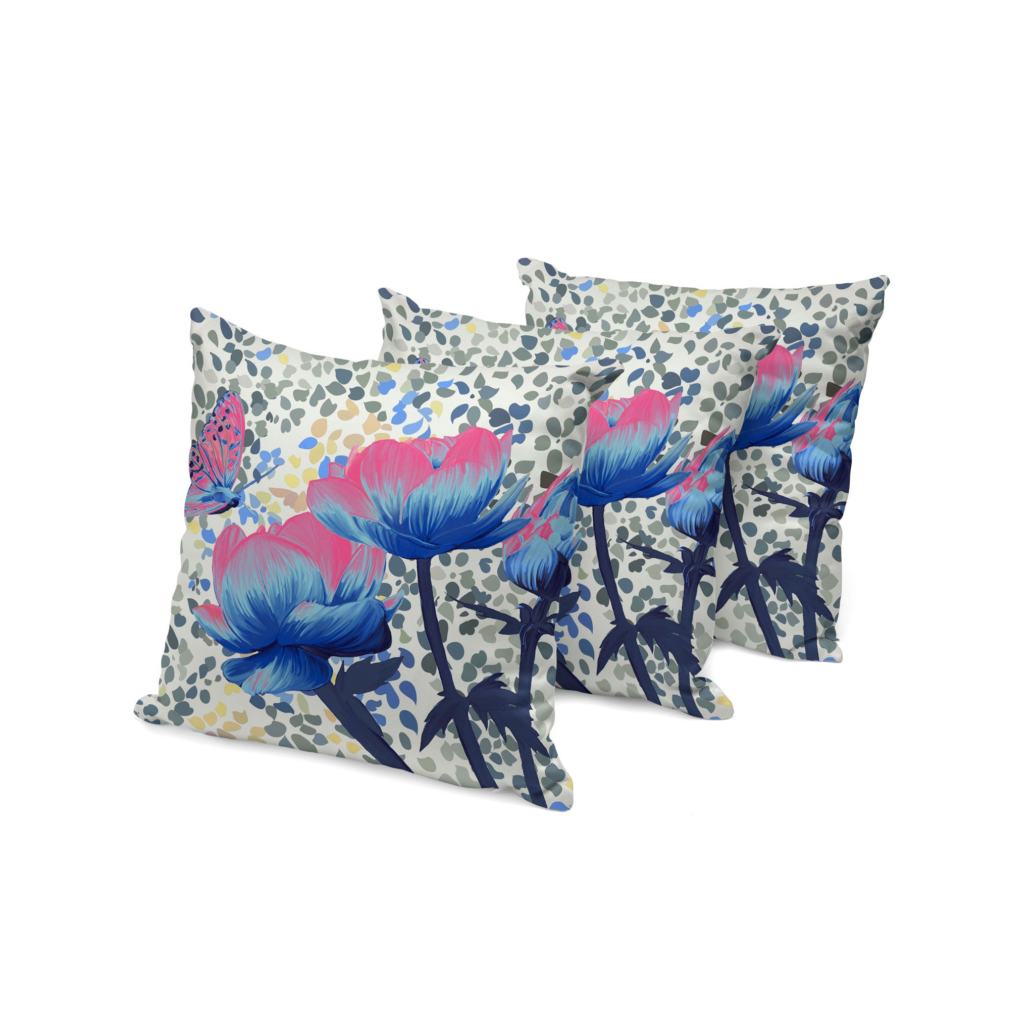 Set of Three 16" X 16" Blue and Pink Butterfly Blown Seam Floral Indoor Outdoor Throw Pillow