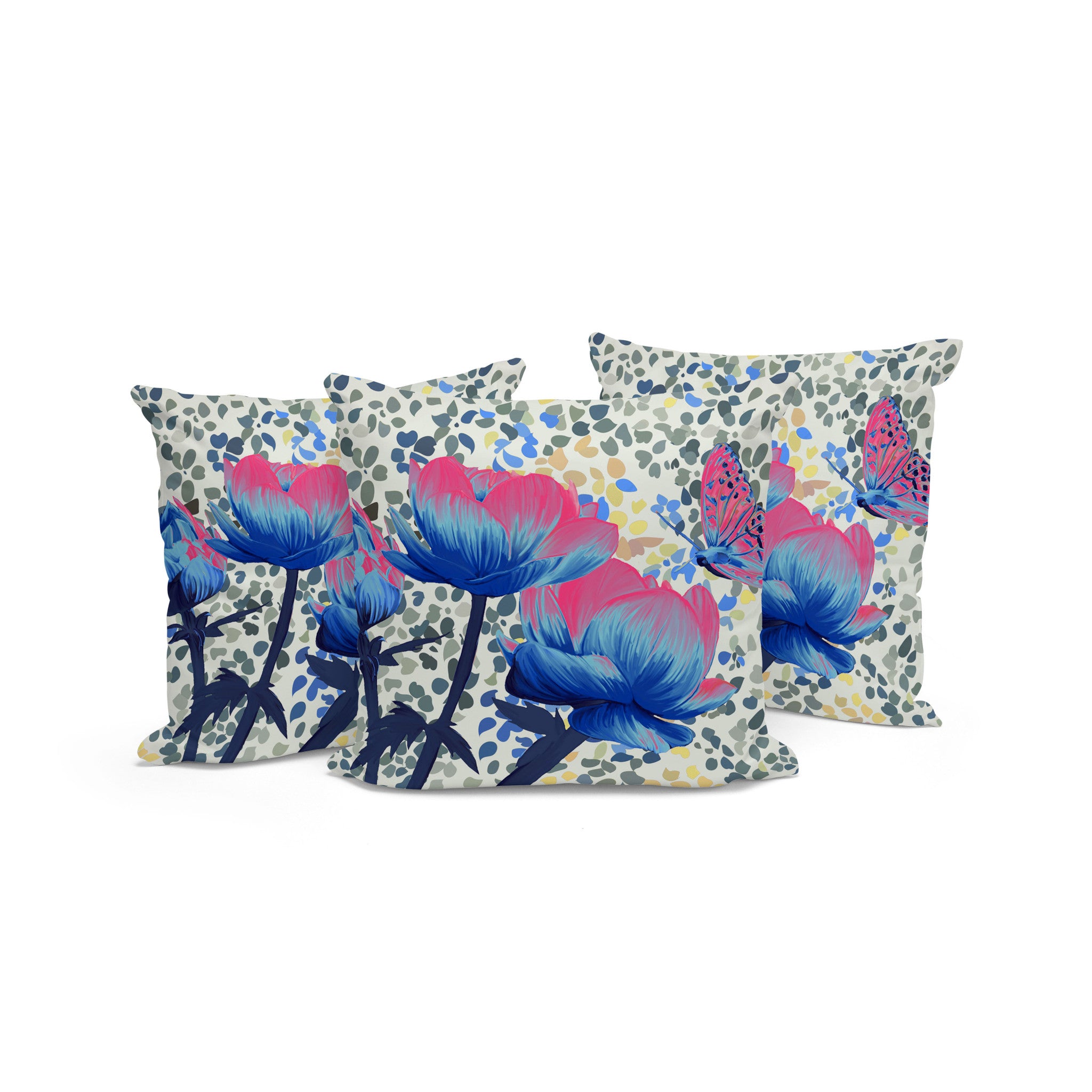 Set of Three 16" X 16" Blue and Pink Butterfly Blown Seam Floral Indoor Outdoor Throw Pillow