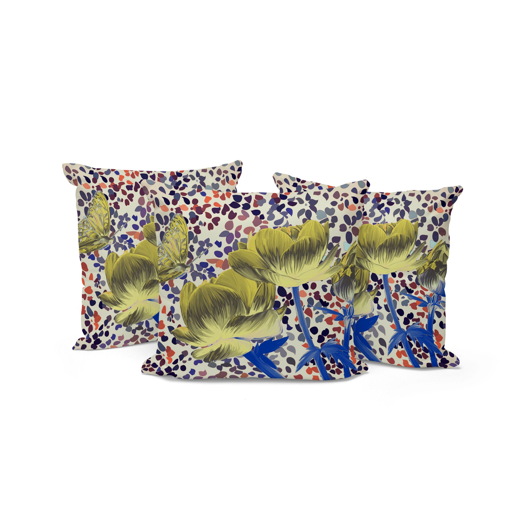 Set of Three 16" X 16" Blue and Yellow Butterfly Blown Seam Floral Indoor Outdoor Throw Pillow