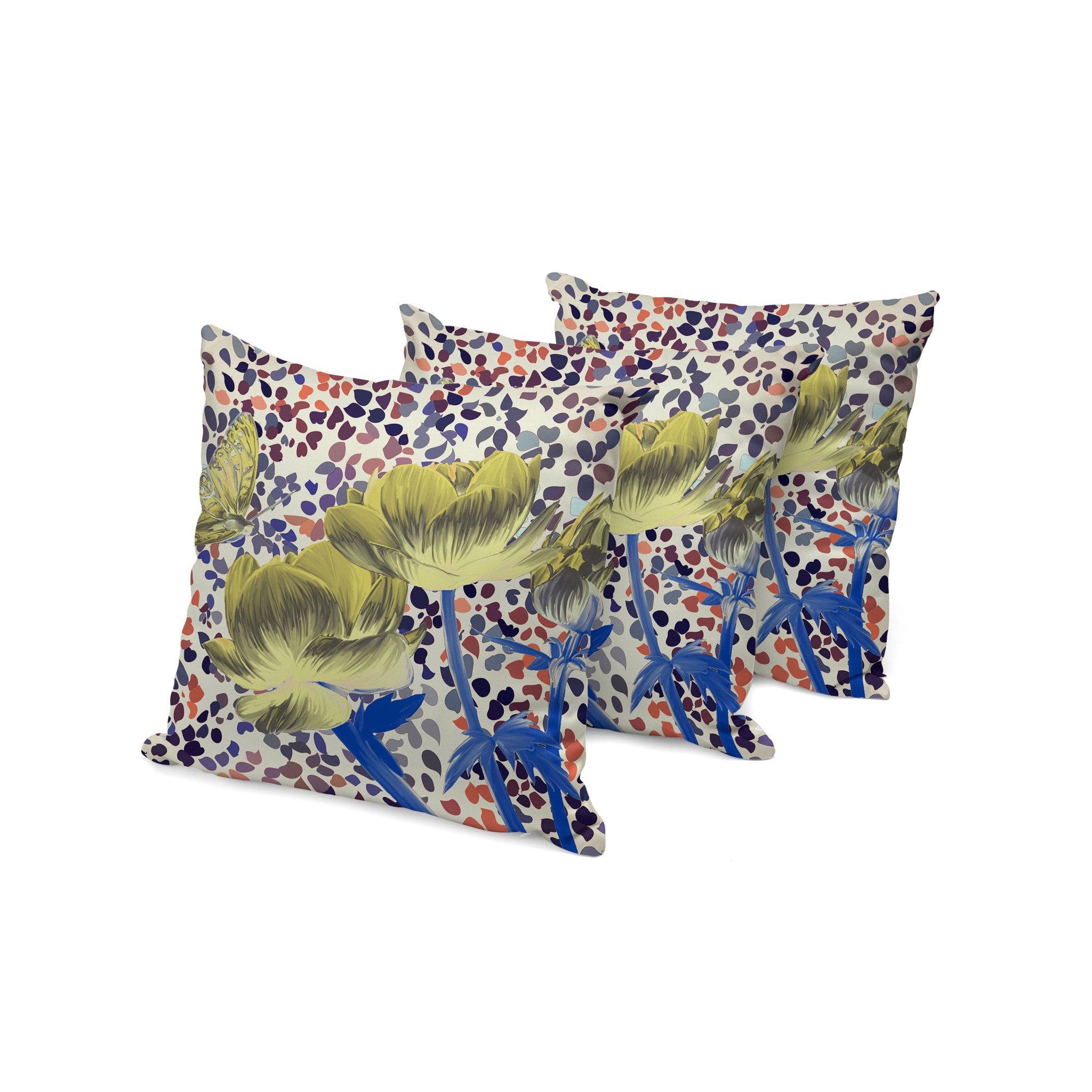 Set of Three 16" X 16" Blue and Yellow Butterfly Blown Seam Floral Indoor Outdoor Throw Pillow