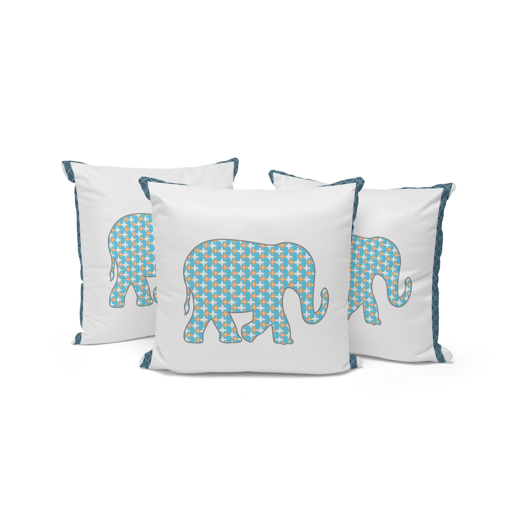 Set of Three 16" X 16" Blue and White Elephant Blown Seam Animal Print Indoor Outdoor Throw Pillow