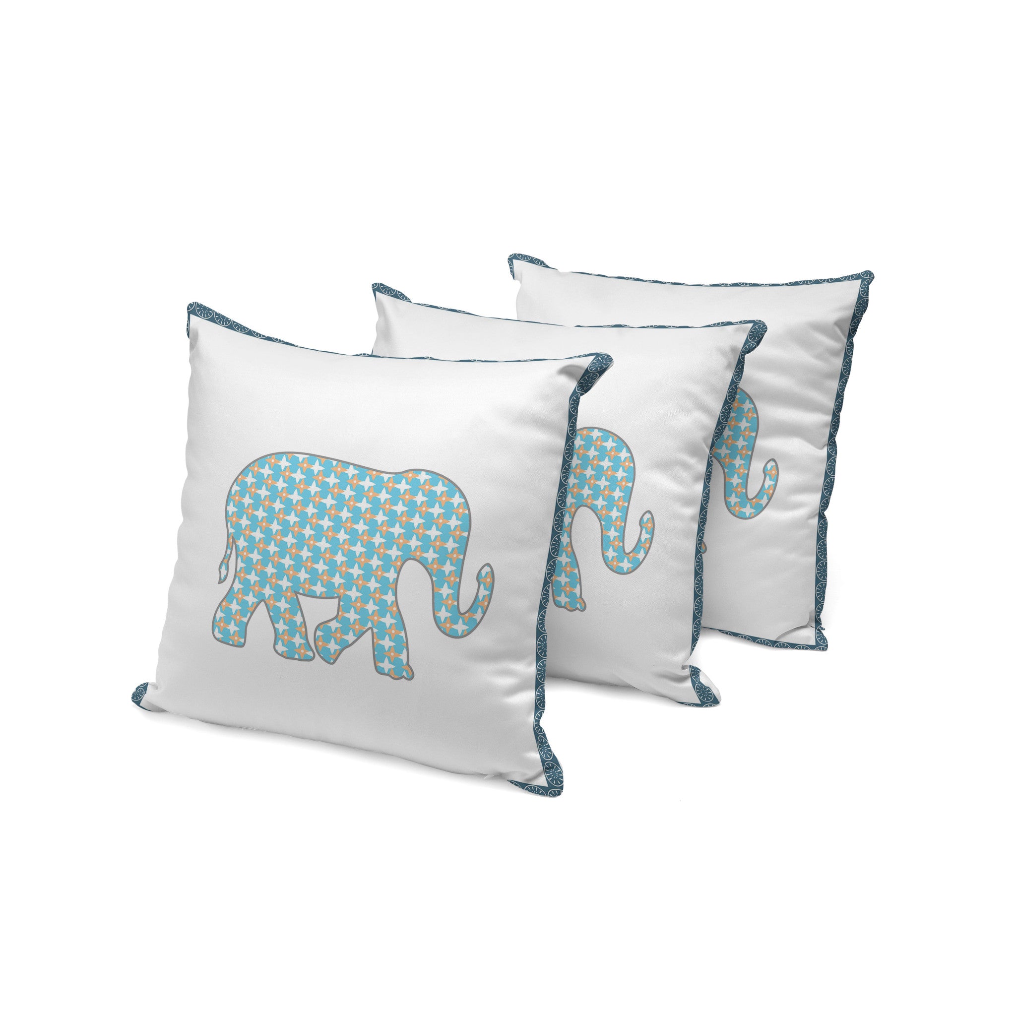 Set of Three 16" X 16" Blue and White Elephant Blown Seam Animal Print Indoor Outdoor Throw Pillow