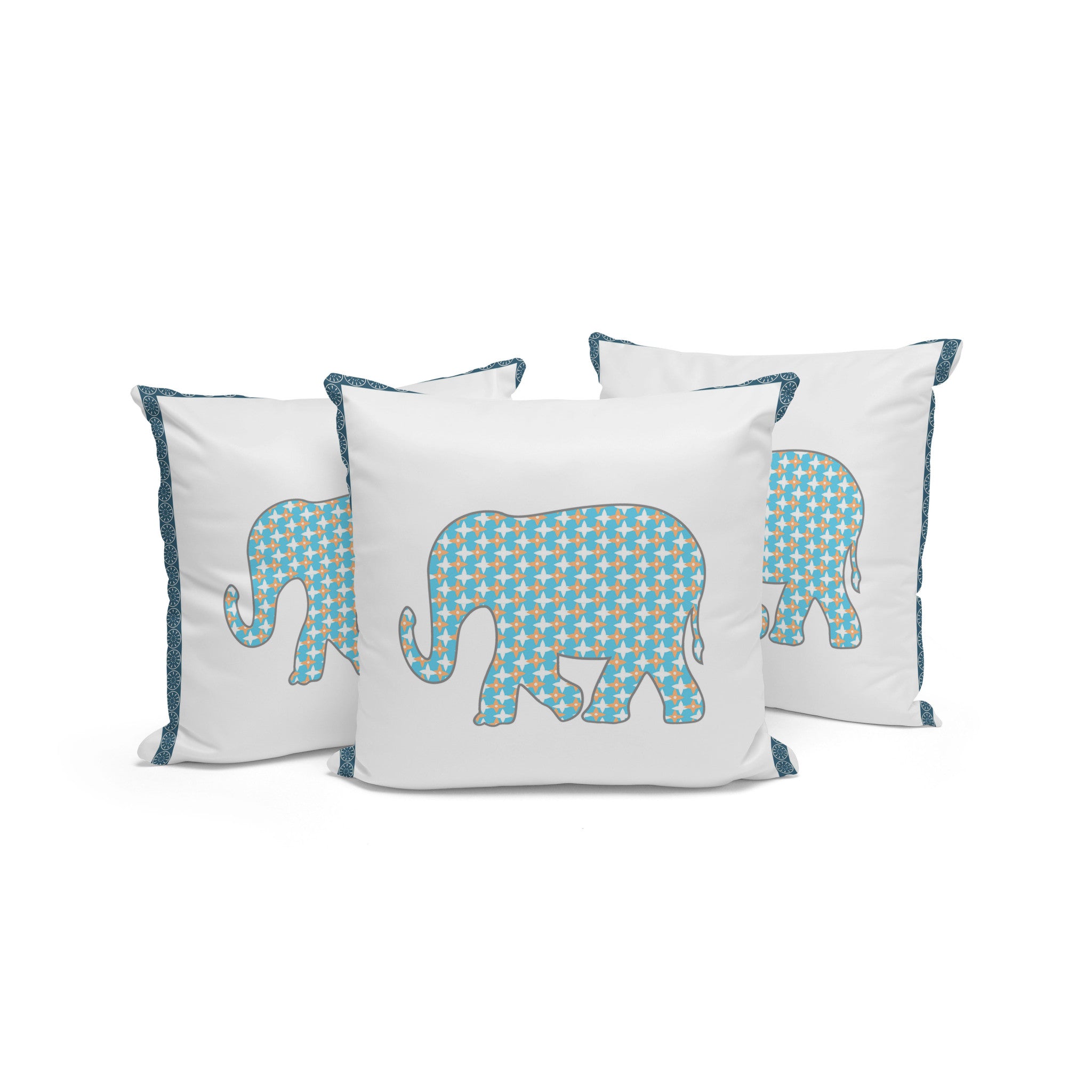 Set of Three 16" X 16" Blue and White Elephant Blown Seam Animal Print Indoor Outdoor Throw Pillow