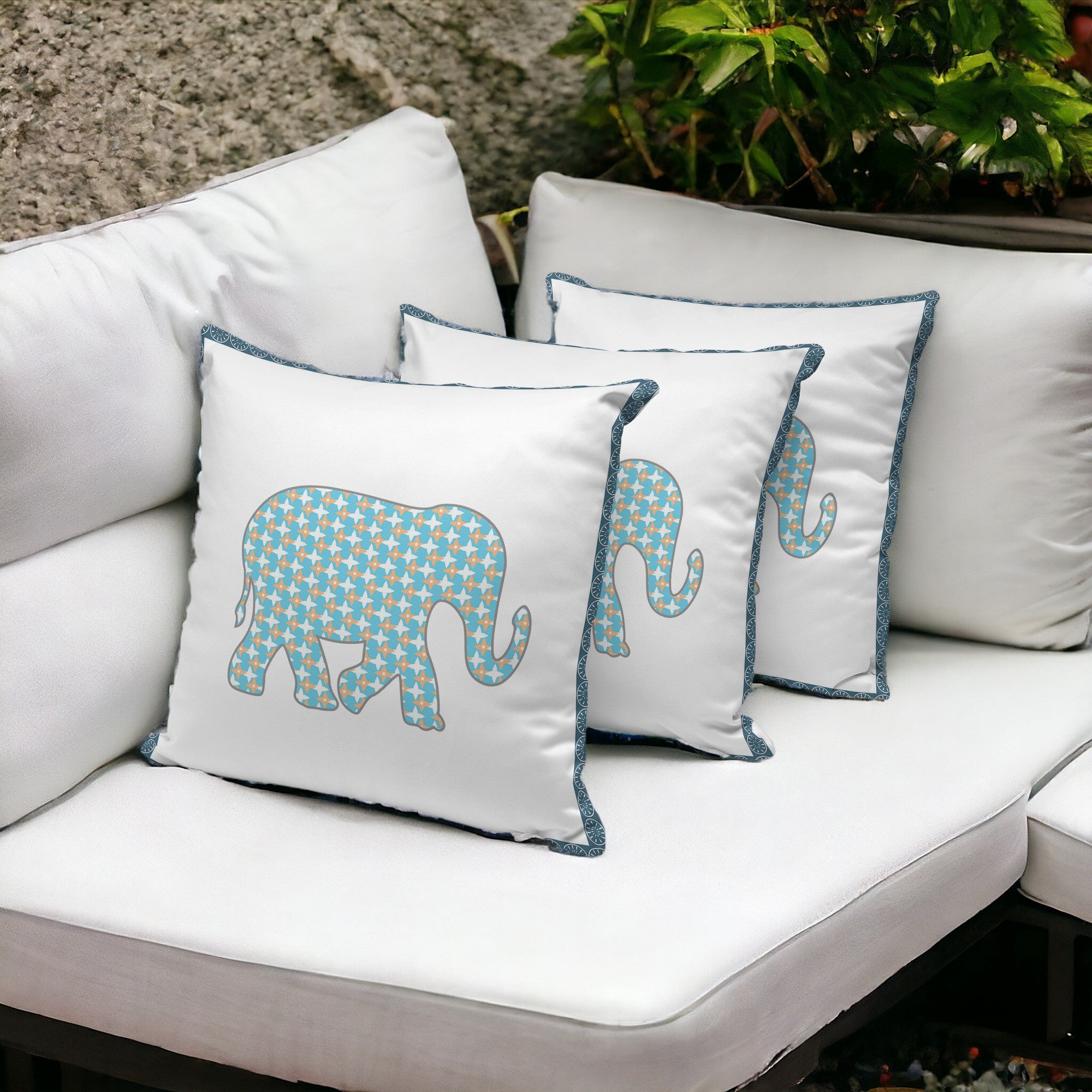 Set of Three 16" X 16" Blue and White Elephant Blown Seam Animal Print Indoor Outdoor Throw Pillow