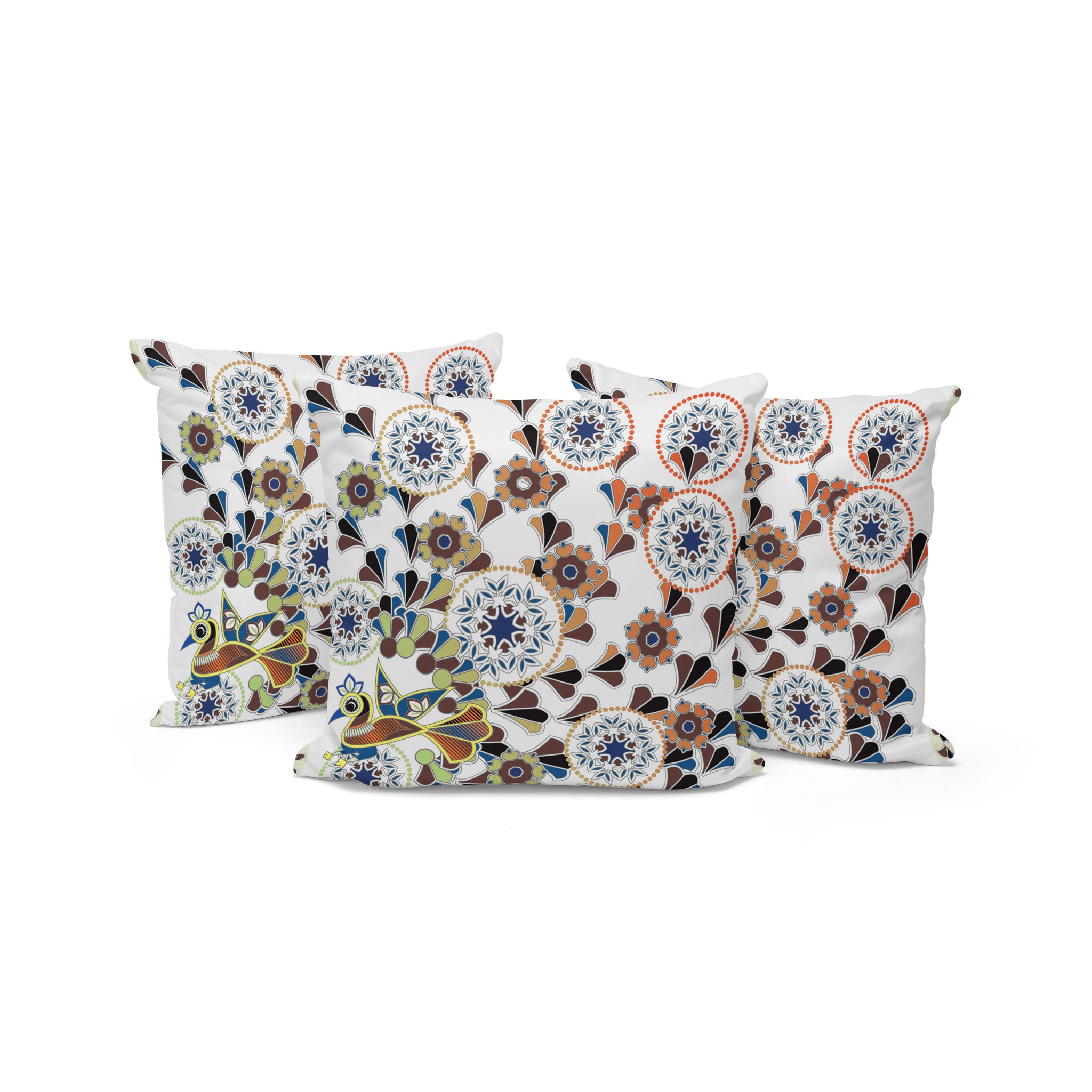 Set of Three 16" X 16" Blue and Off White Peacock Blown Seam Floral Indoor Outdoor Throw Pillow